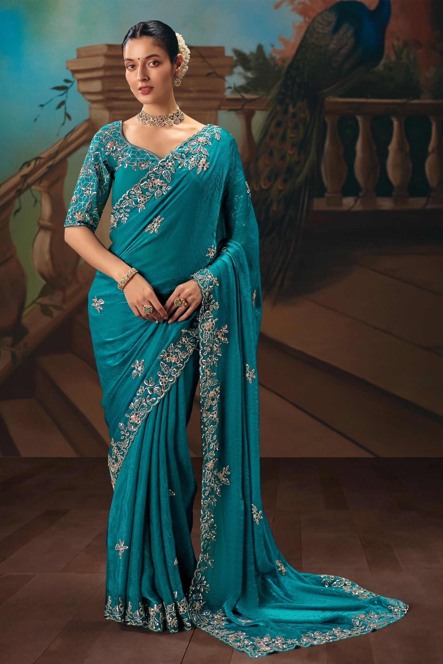 Rama Blue Embroidered Organza Saree-SAR12035_1_SareeButa.com