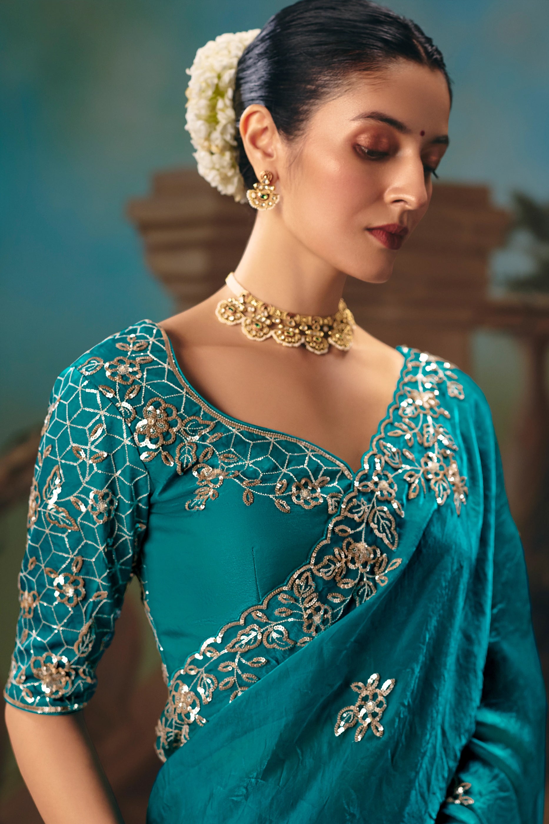 Rama Blue Embroidered Organza Saree-SAR12035_3_SareeButa.com