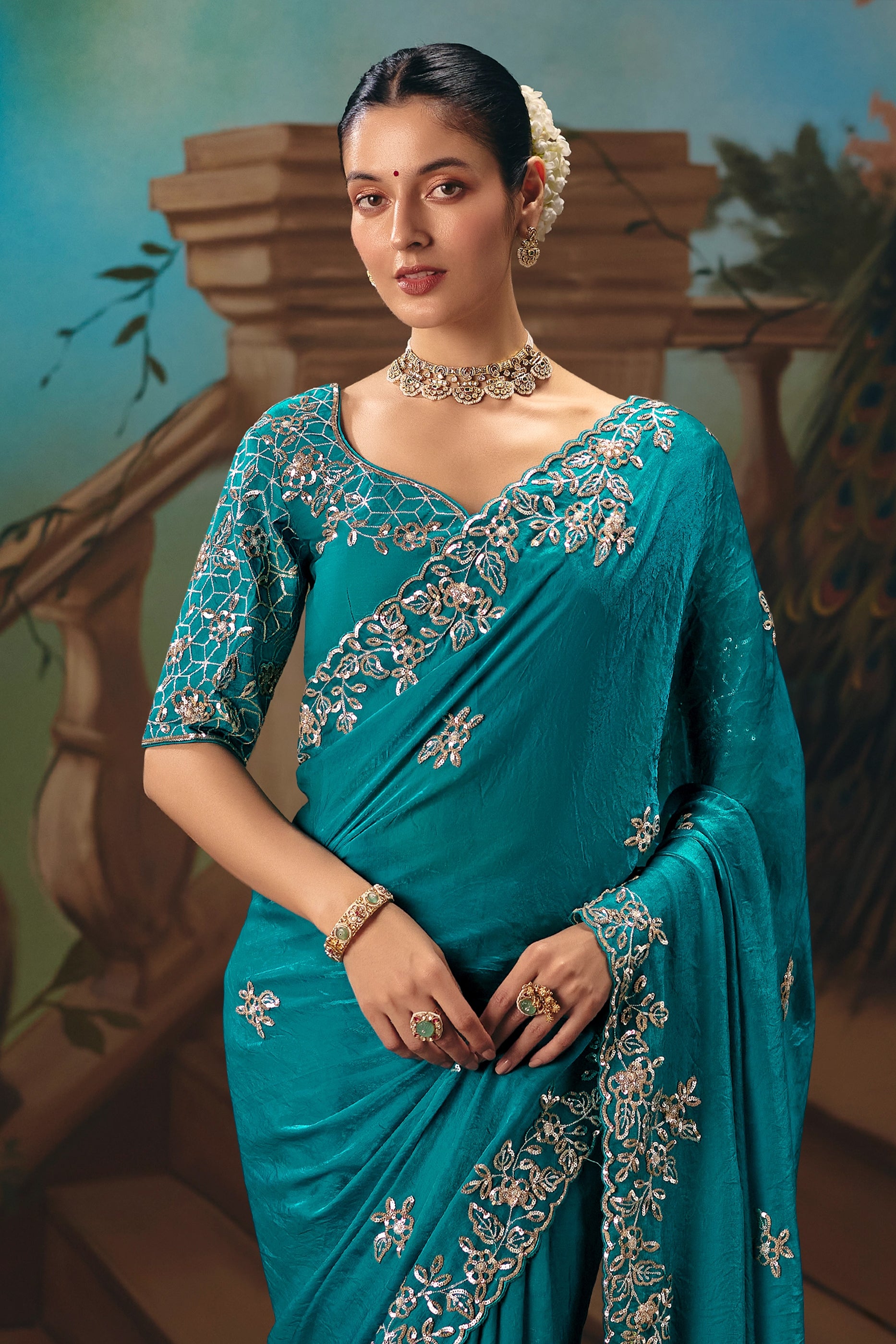 Rama Blue Embroidered Organza Saree-SAR12035_4_SareeButa.com