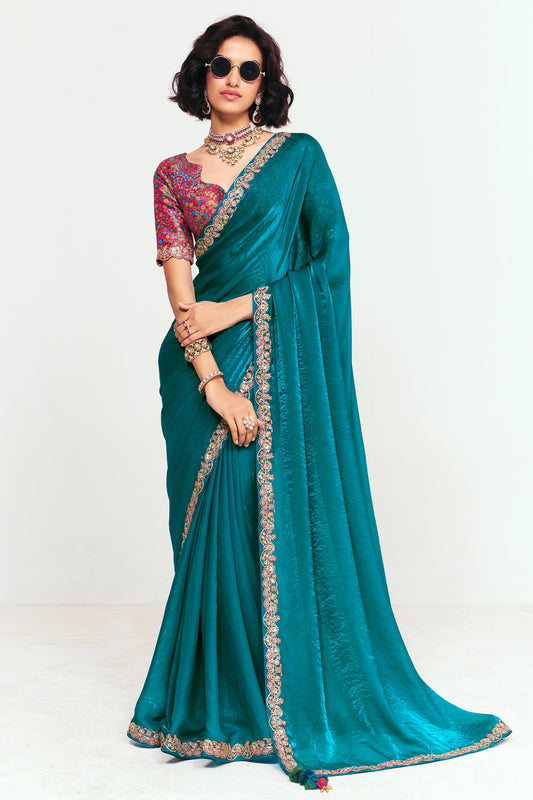 Rama Blue Embroidered Satin Organza Saree-SAR12250_1_SareeButa.com