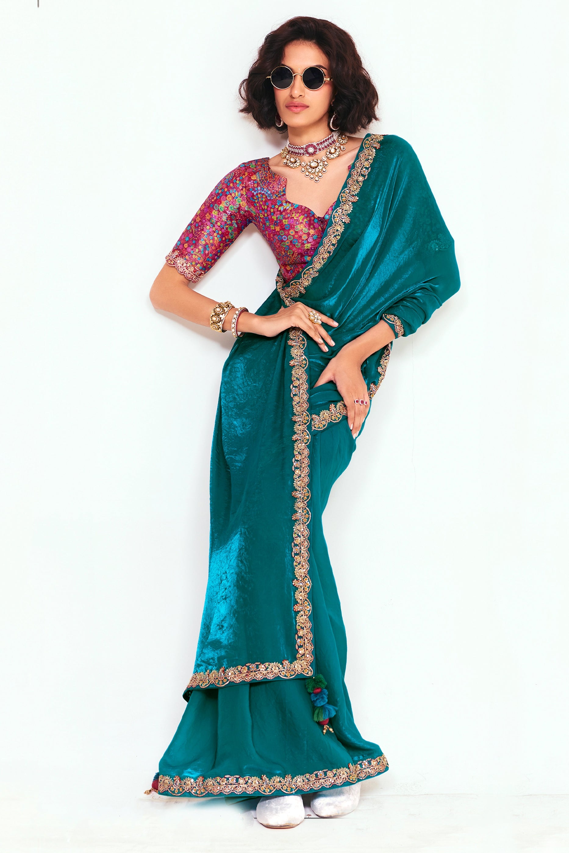Rama Blue Embroidered Satin Organza Saree-SAR12250_4_SareeButa.com
