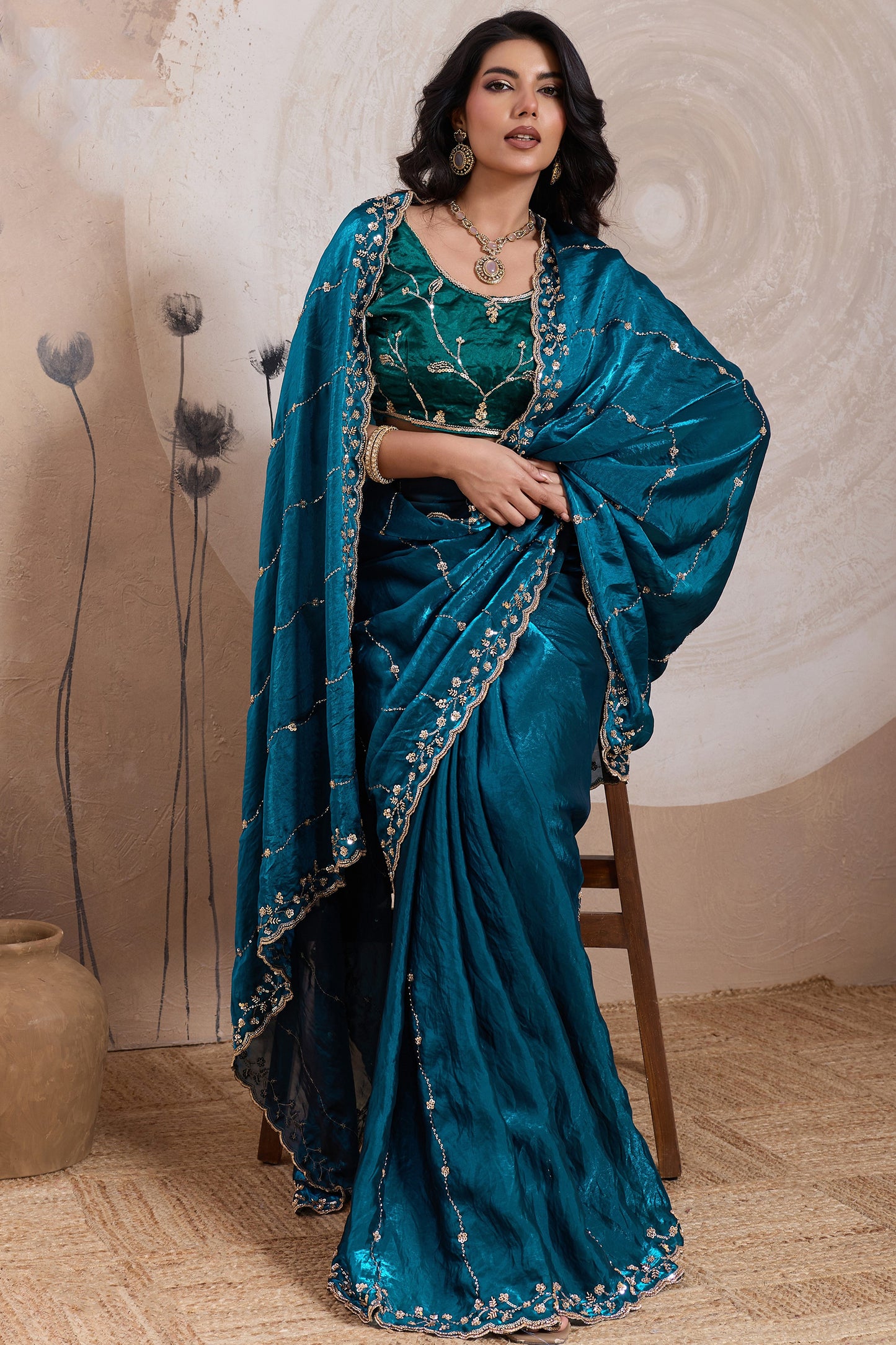 Rama Blue Embroidered Satin Saree-SAR11787_1_SareeButa.com