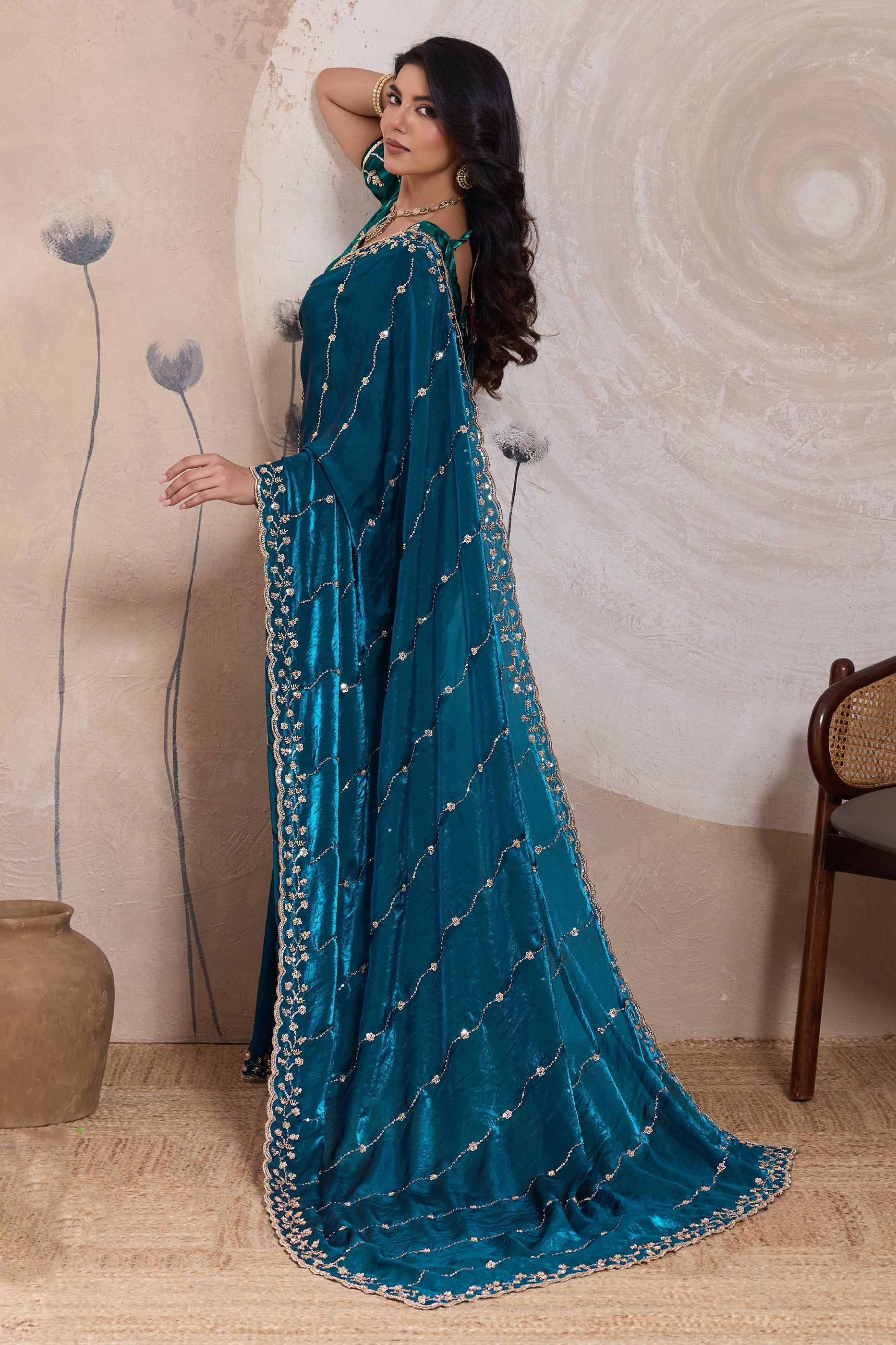 Rama Blue Embroidered Satin Saree-SAR11787_4_SareeButa.com