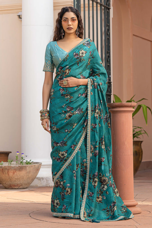 Blue Green Printed Viscose Silk Saree with Lace Border-ZB134631_1_SareeButa.com