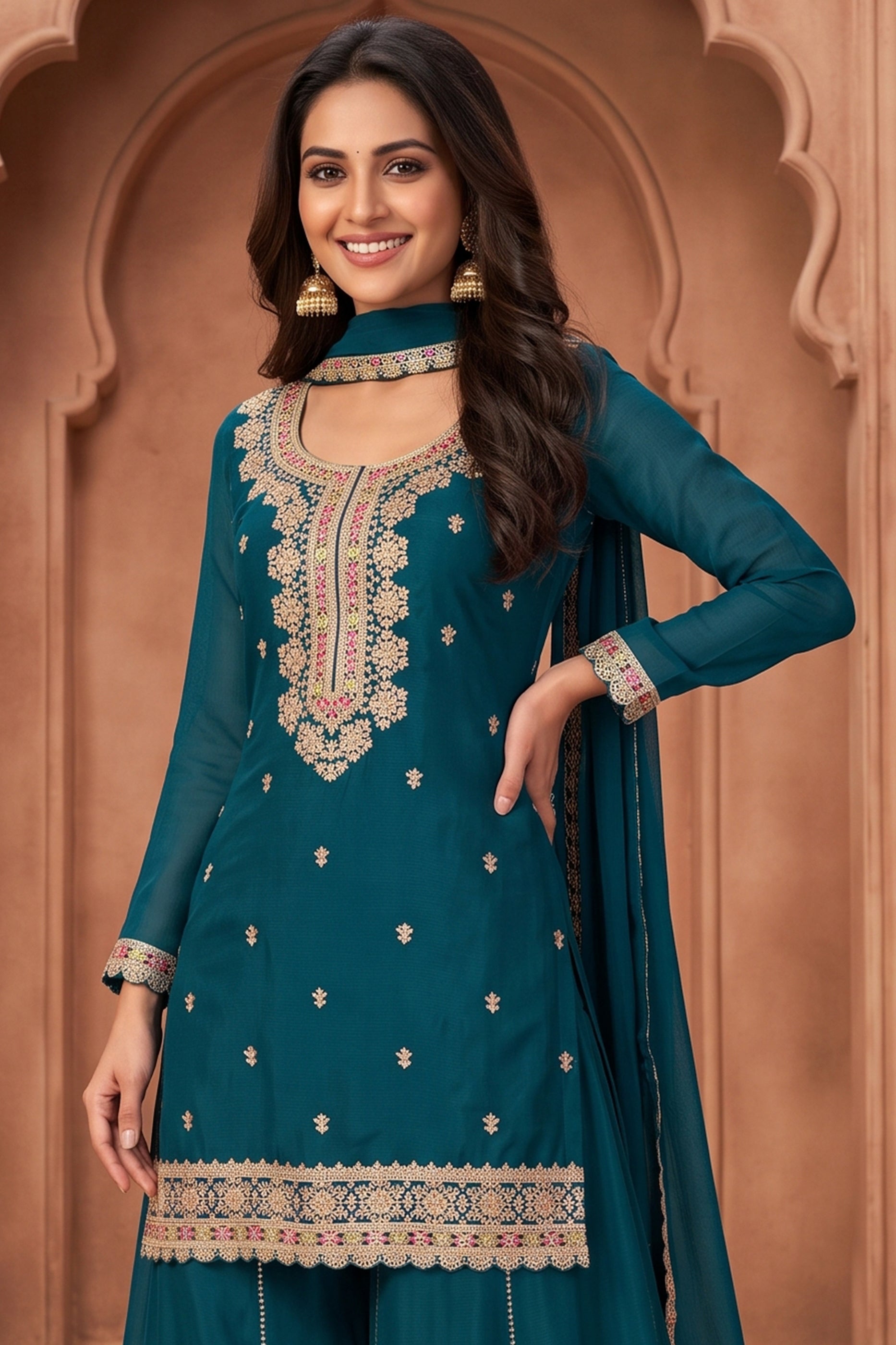 Rama Blue Readymade Embroidered Chinon Suit-SAR13037_3_SareeButa.com