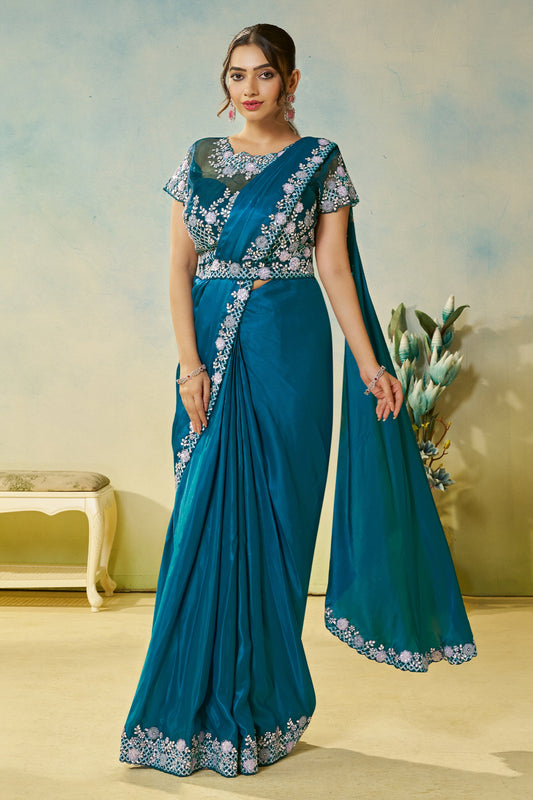 Rama Blue Satin Silk Readymade Saree-SAR11149_1_SareeButa.com