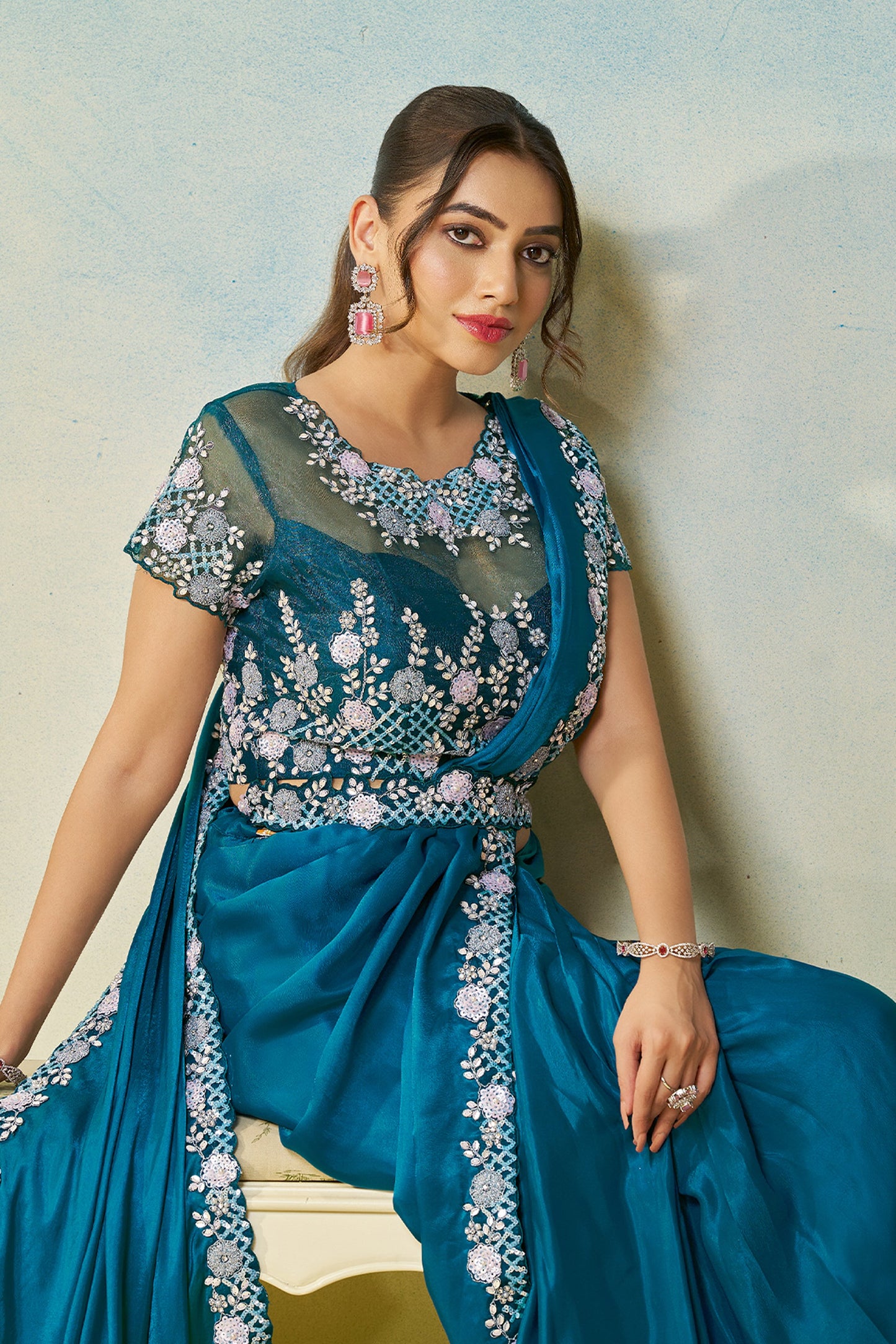 Rama Blue Satin Silk Readymade Saree-SAR11149_2_SareeButa.com