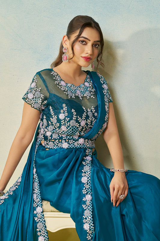 Rama Blue Satin Silk Readymade Saree-SAR11149_2_SareeButa.com