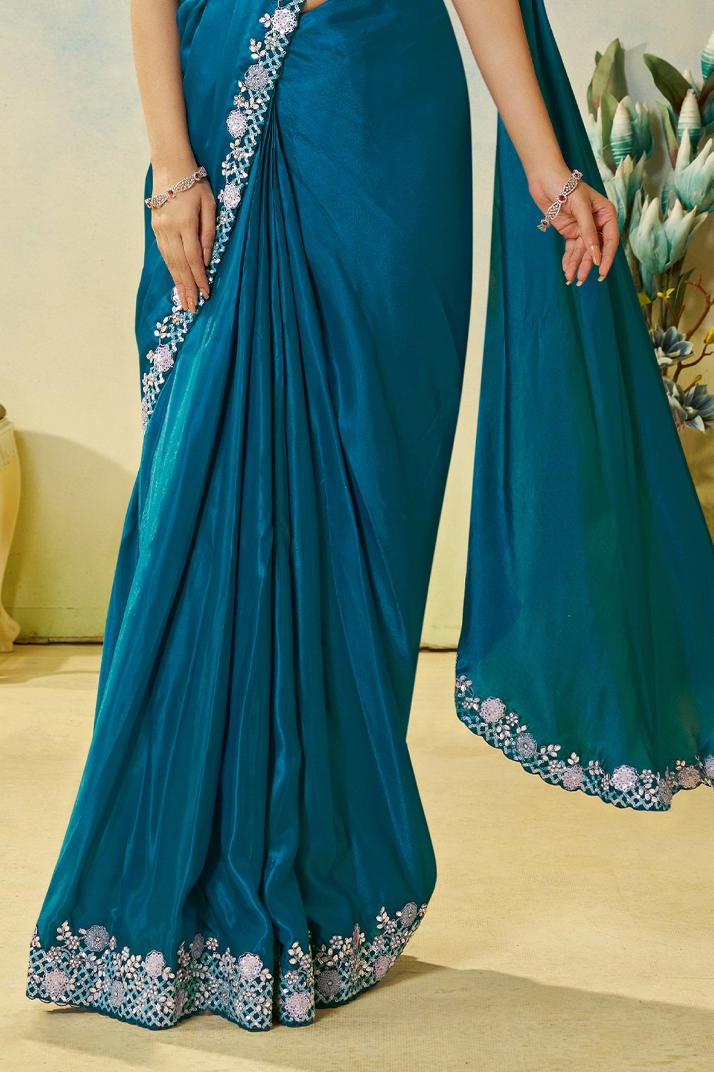 Rama Blue Satin Silk Readymade Saree-SAR11149_3_SareeButa.com