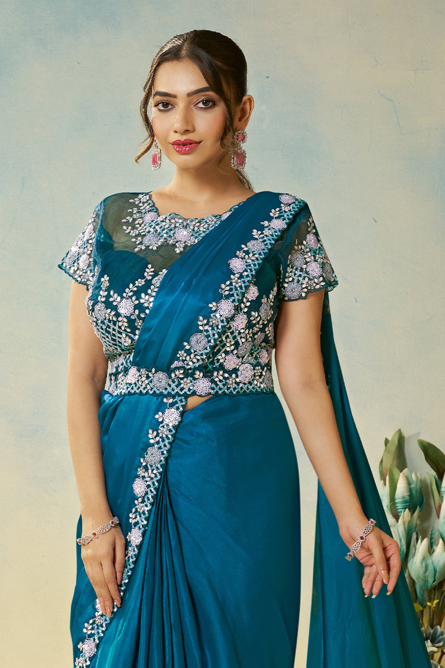 Rama Blue Satin Silk Readymade Saree-SAR11149_5_SareeButa.com
