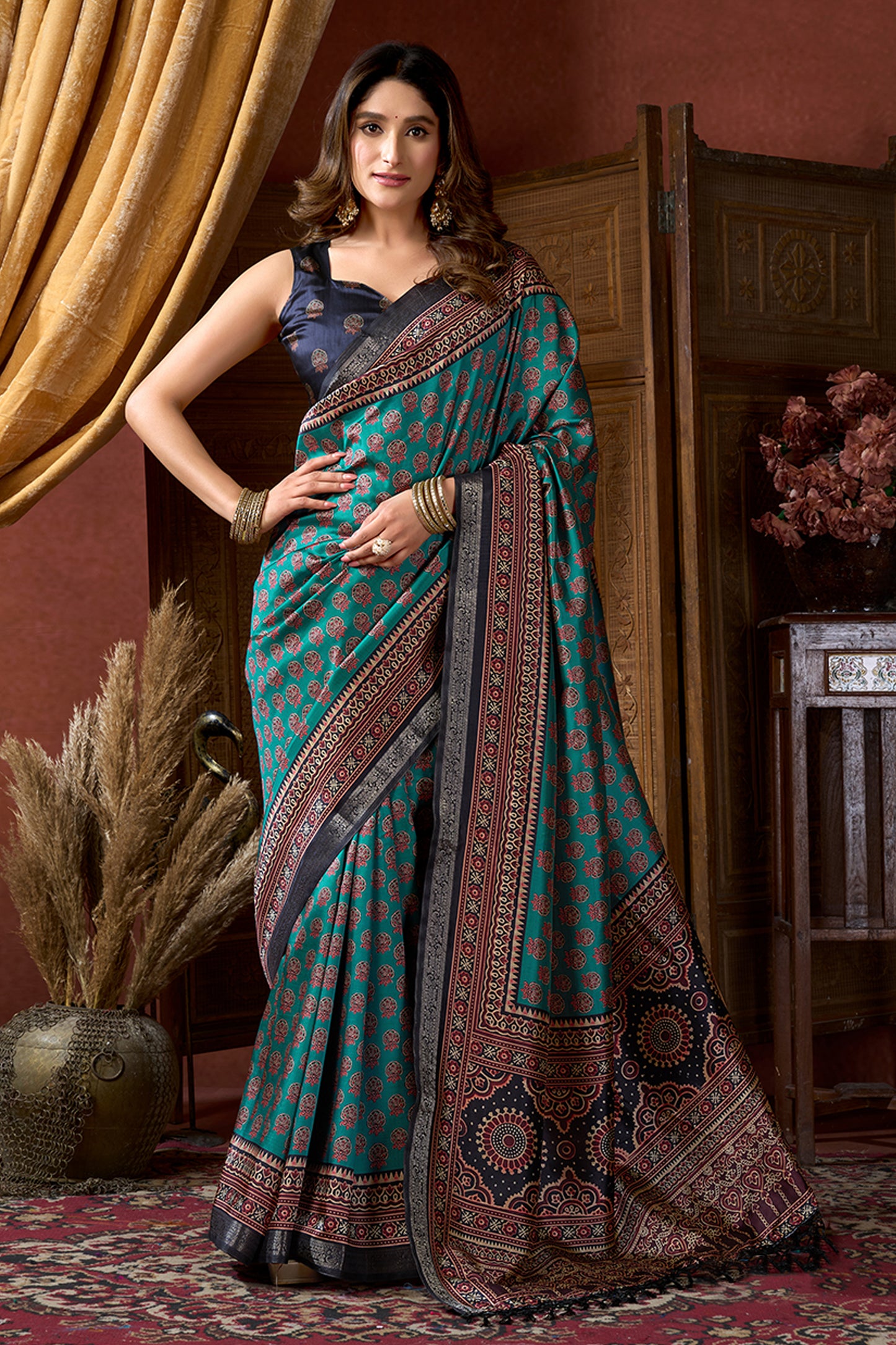 Rama Green Ajarakh Print Silk Saree-SAR12668_1_SareeButa.com