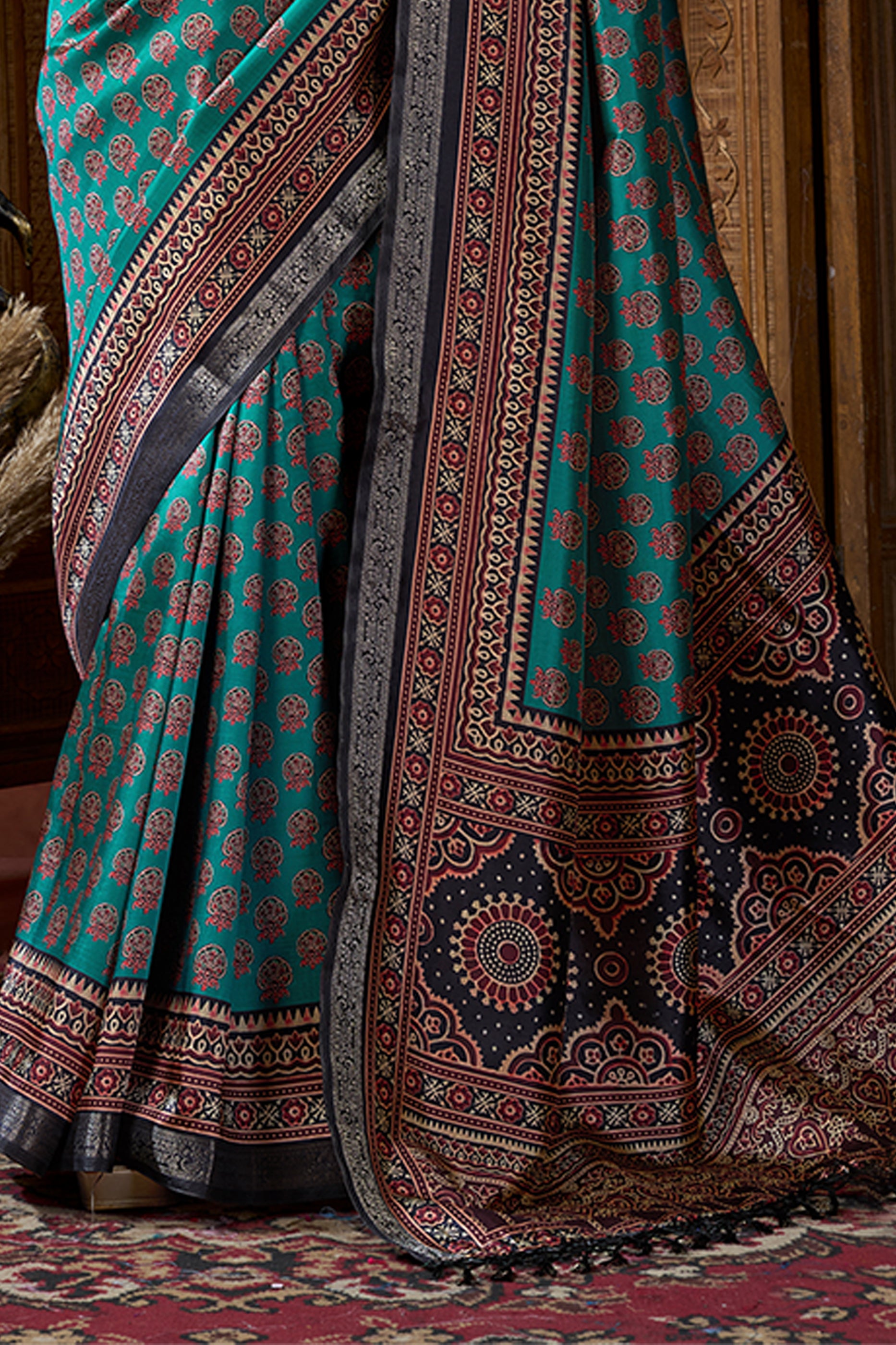 Rama Green Ajarakh Print Silk Saree-SAR12668_4_SareeButa.com