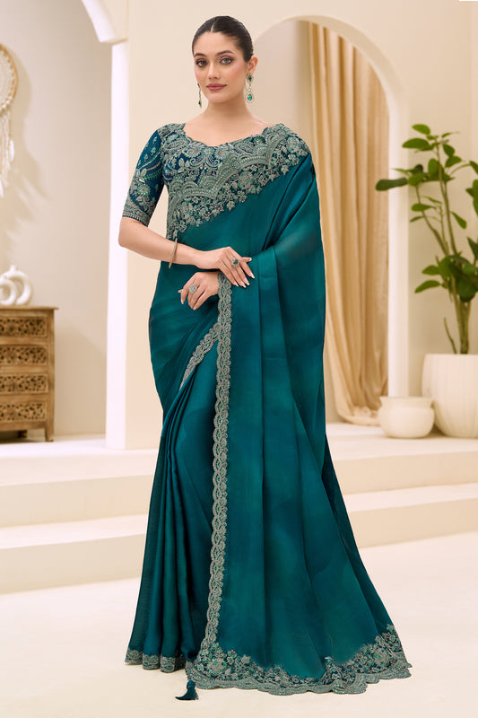Rama Green Embroidered Satin Chiffon Saree-SAR12435_1_SareeButa.com