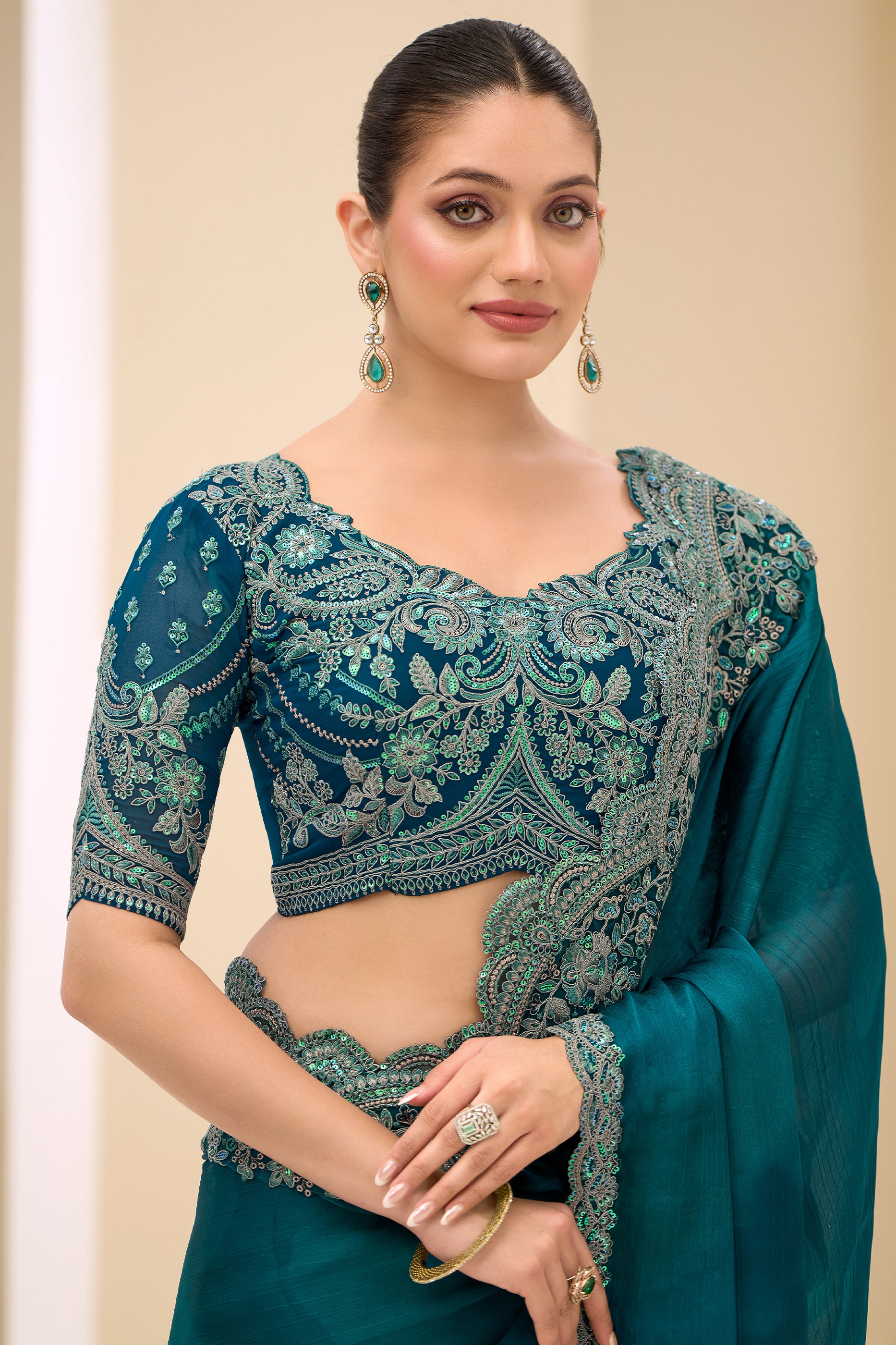 Rama Green Embroidered Satin Chiffon Saree-SAR12435_2_SareeButa.com