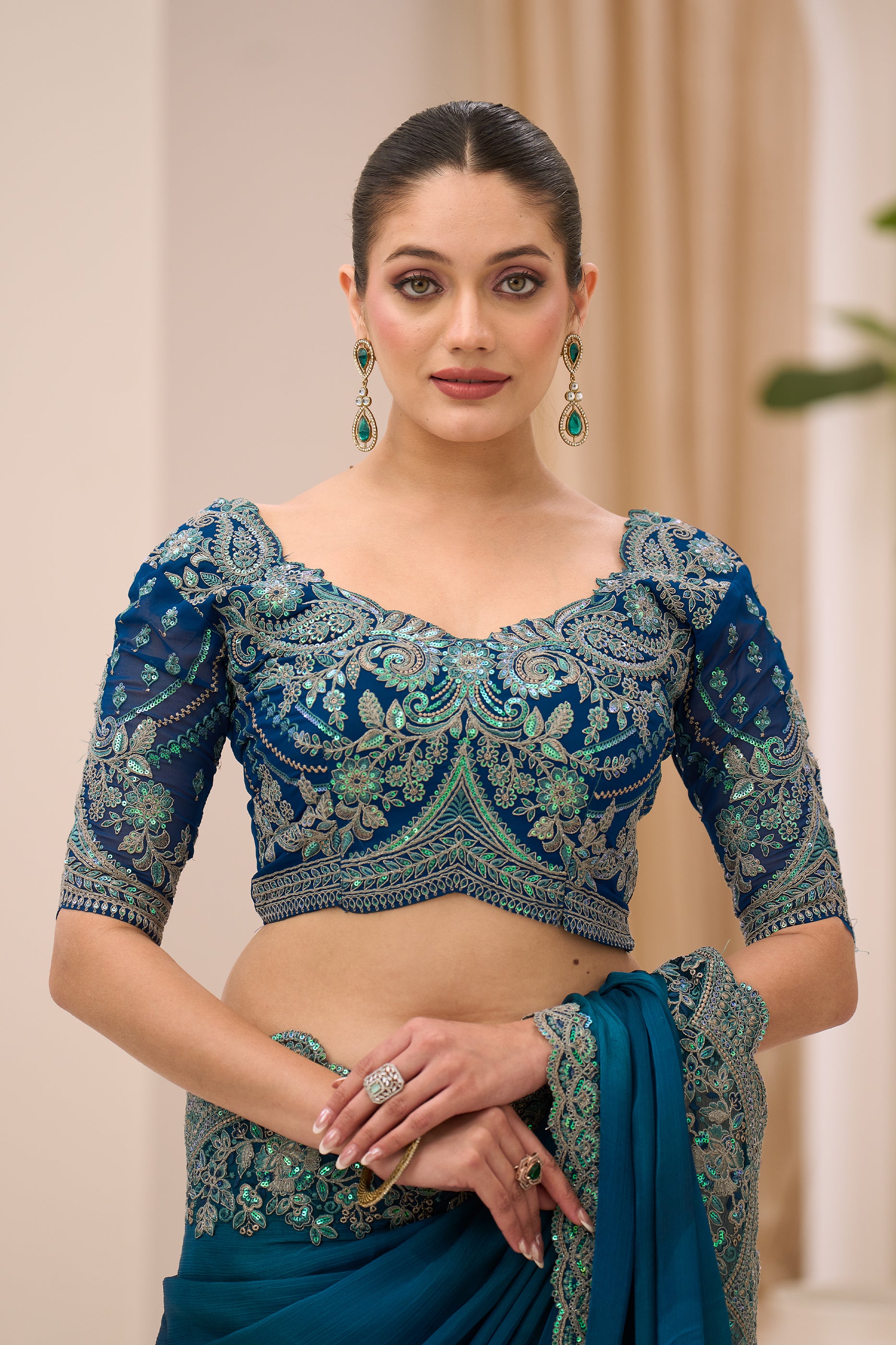 Rama Green Embroidered Satin Chiffon Saree-SAR12435_3_SareeButa.com