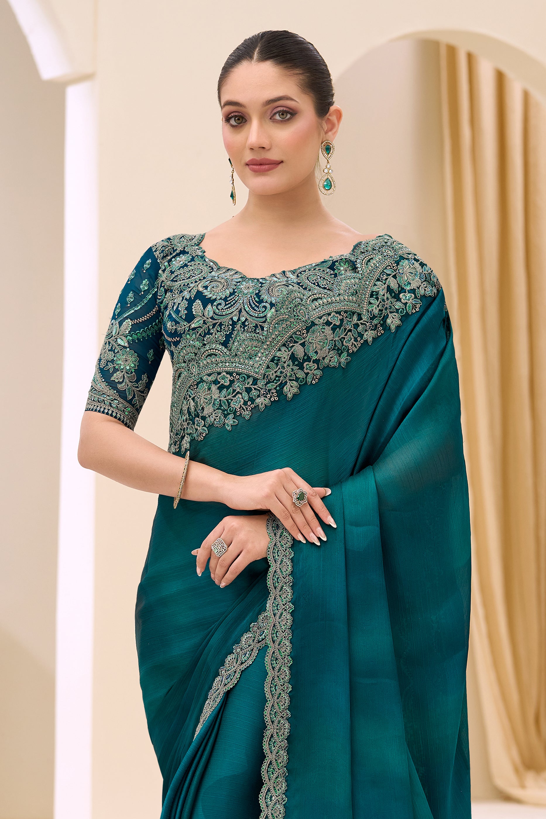 Rama Green Embroidered Satin Chiffon Saree-SAR12435_5_SareeButa.com
