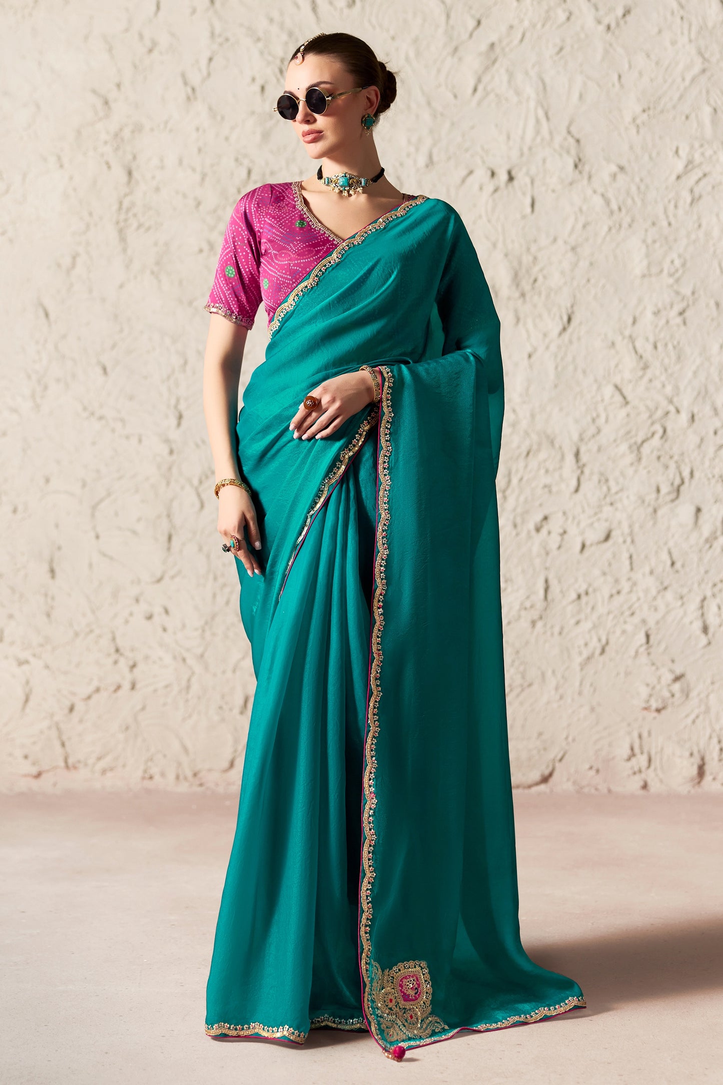 Rama Green Embroidered Tissue Organza Saree-SAR12784_1_SareeButa.com