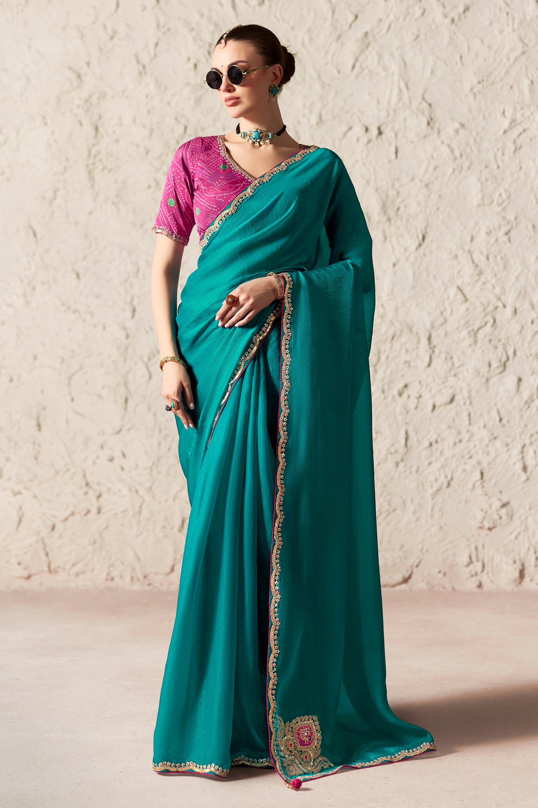 Rama Green Embroidered Tissue Organza Saree-SAR12784_1_SareeButa.com