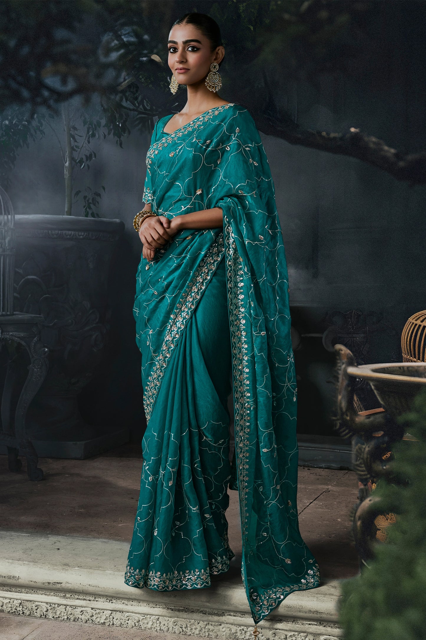 Rama Green Embroidered Tissue Organza Saree-SAR13111_1_SareeButa.com