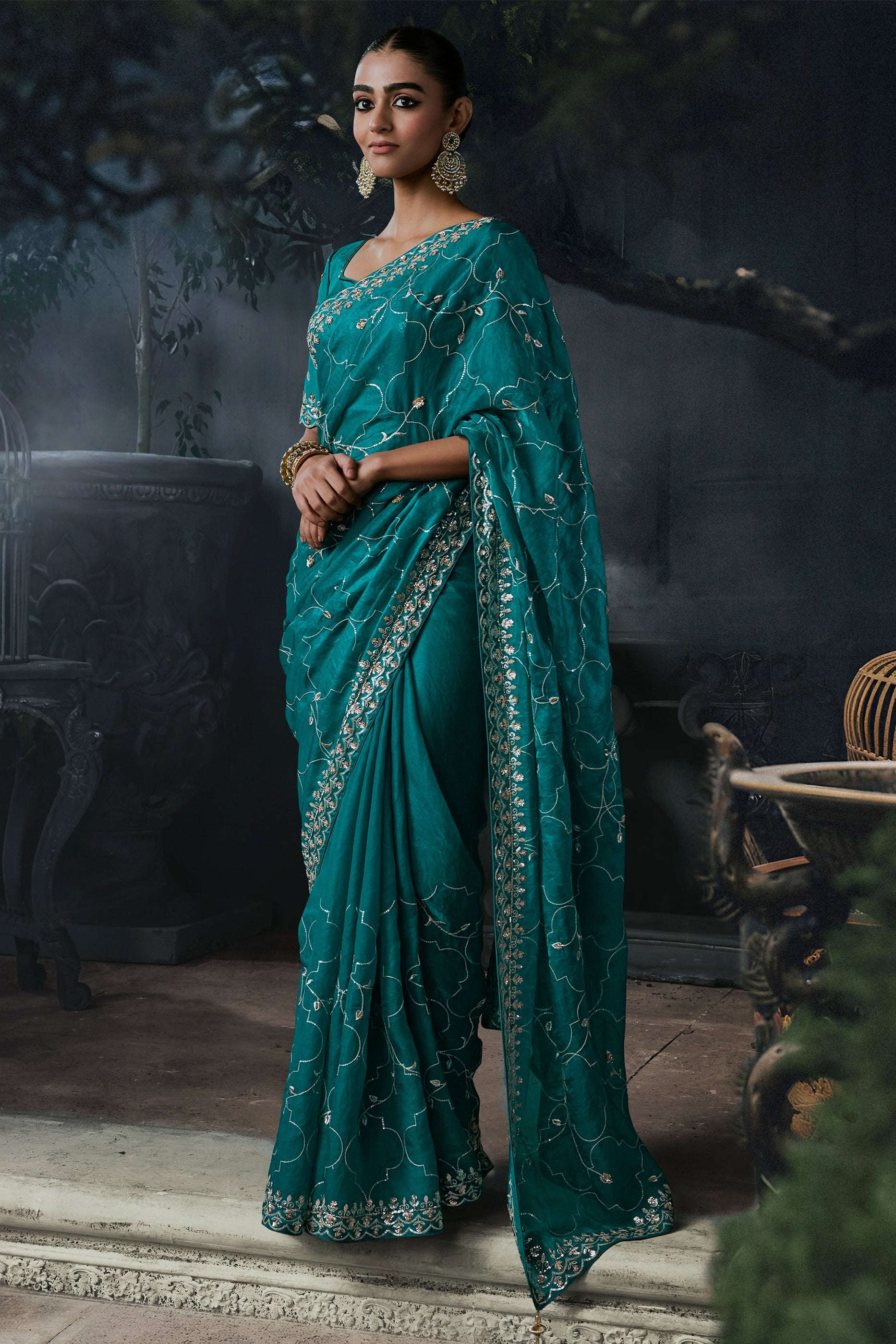 Rama Green Embroidered Tissue Organza Saree-SAR13111_1_SareeButa.com