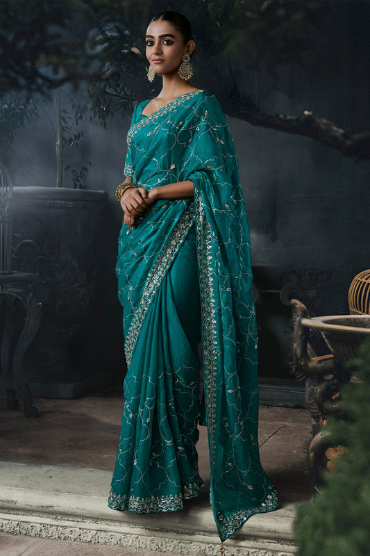 Rama Green Embroidered Tissue Organza Saree-SAR13111_1_SareeButa.com