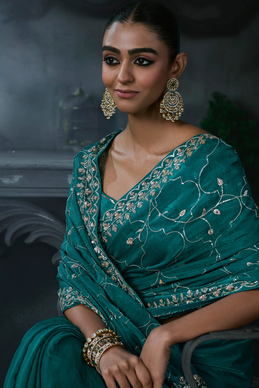 Rama Green Embroidered Tissue Organza Saree-SAR13111_2_SareeButa.com