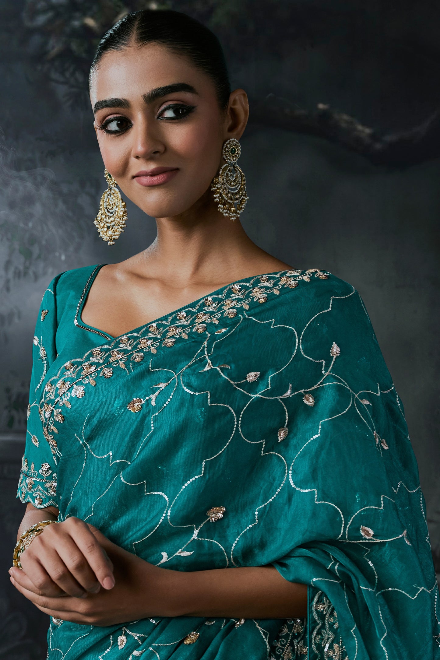 Rama Green Embroidered Tissue Organza Saree-SAR13111_3_SareeButa.com