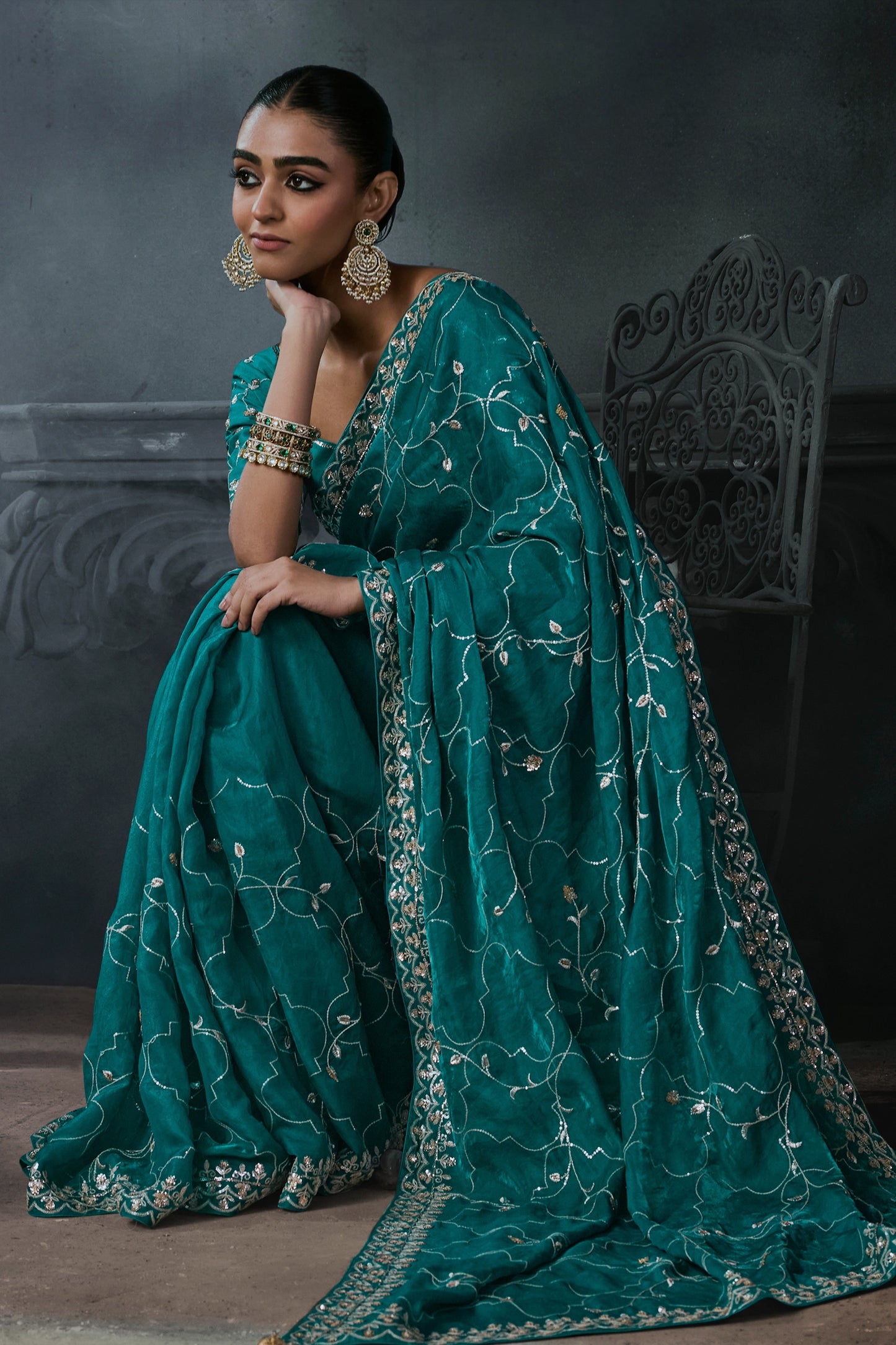 Rama Green Embroidered Tissue Organza Saree-SAR13111_4_SareeButa.com