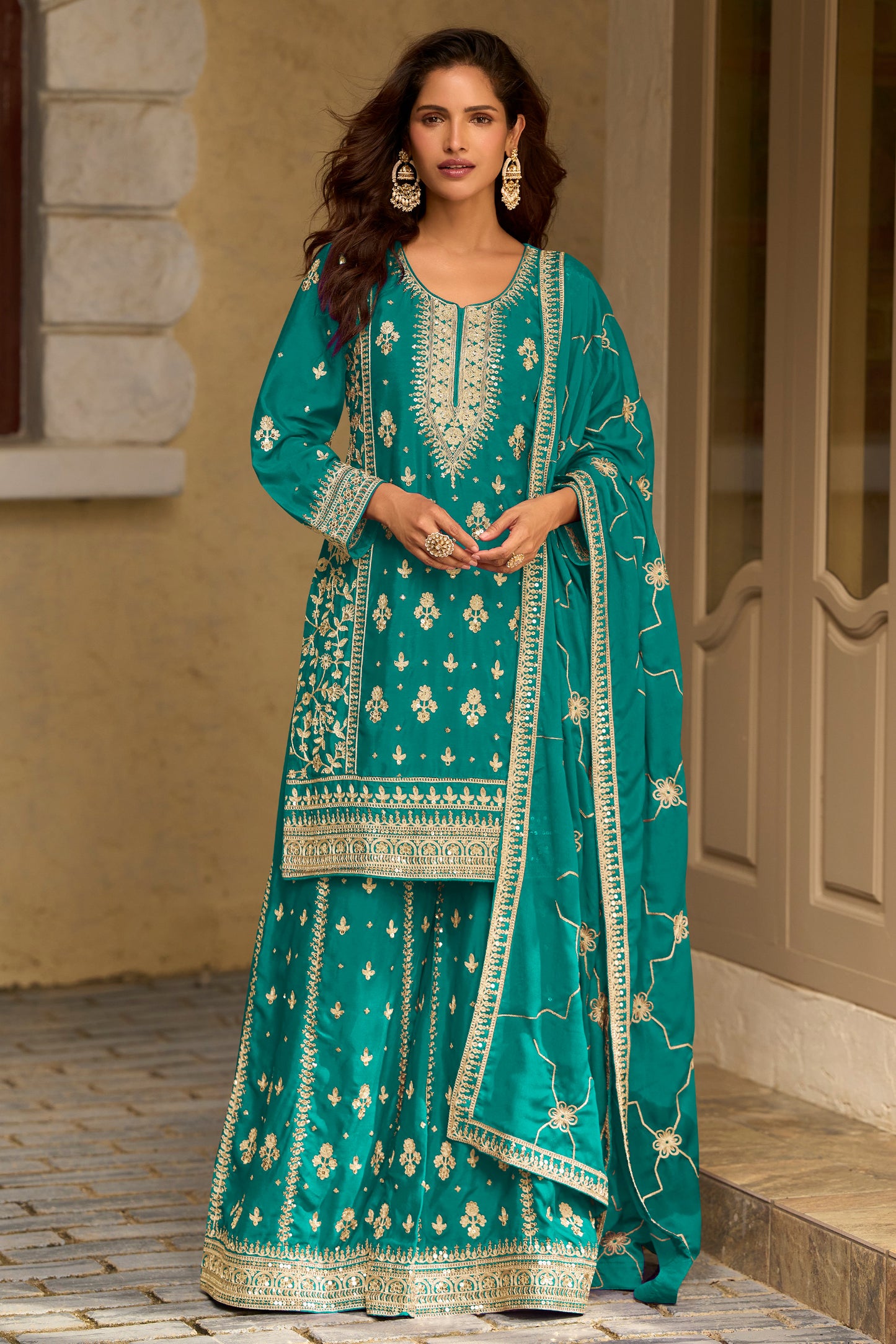 Rama Green Readymade Embroidered Chinon Silk Suit-SAR13088_1_SareeButa.com