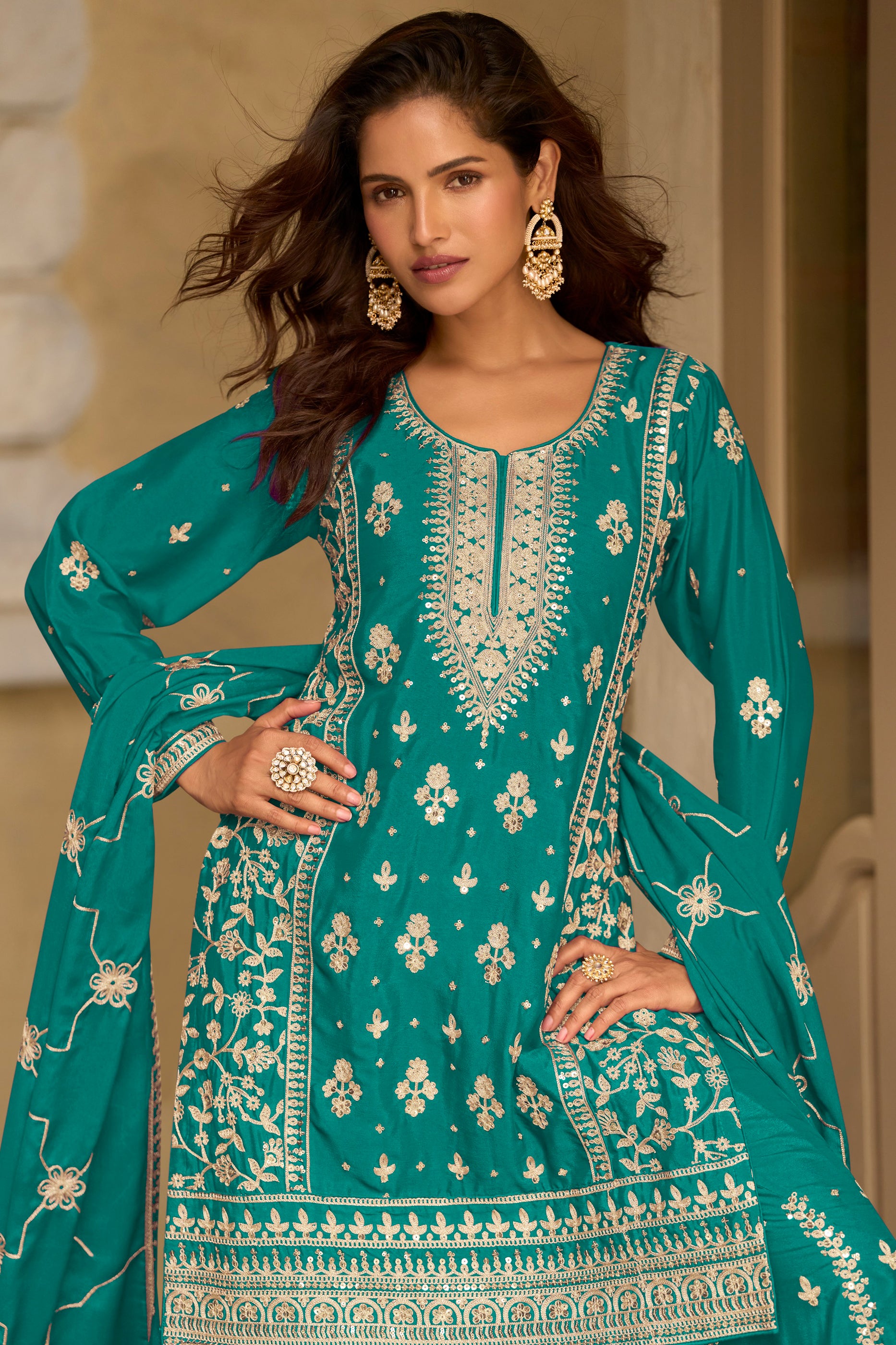 Rama Green Readymade Embroidered Chinon Silk Suit-SAR13088_2_SareeButa.com