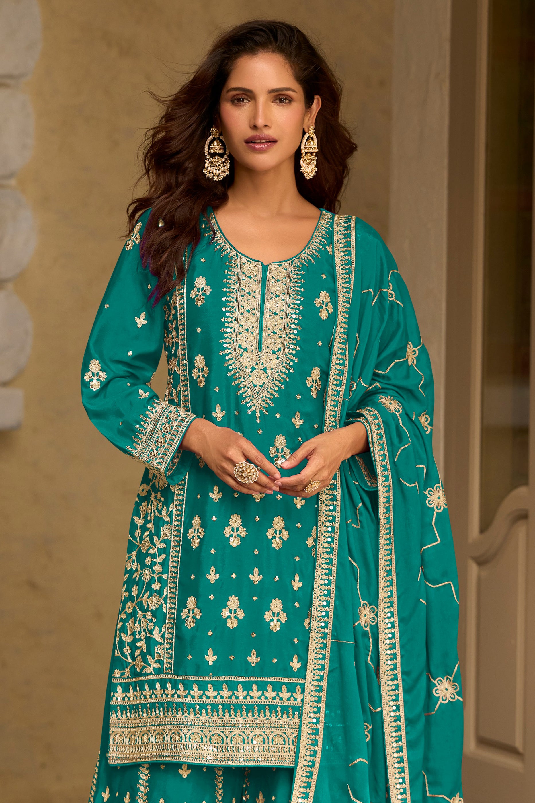 Rama Green Readymade Embroidered Chinon Silk Suit-SAR13088_3_SareeButa.com