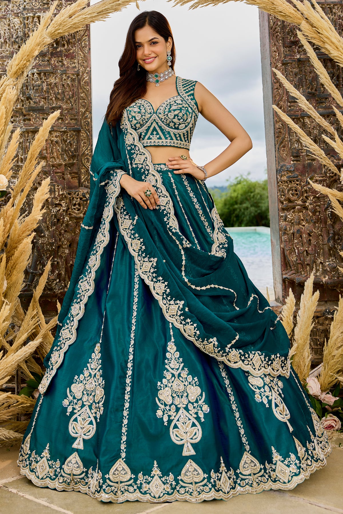Rama Green Readymade Embroidered Silk Lehenga-SAR12874_1_SareeButa.com