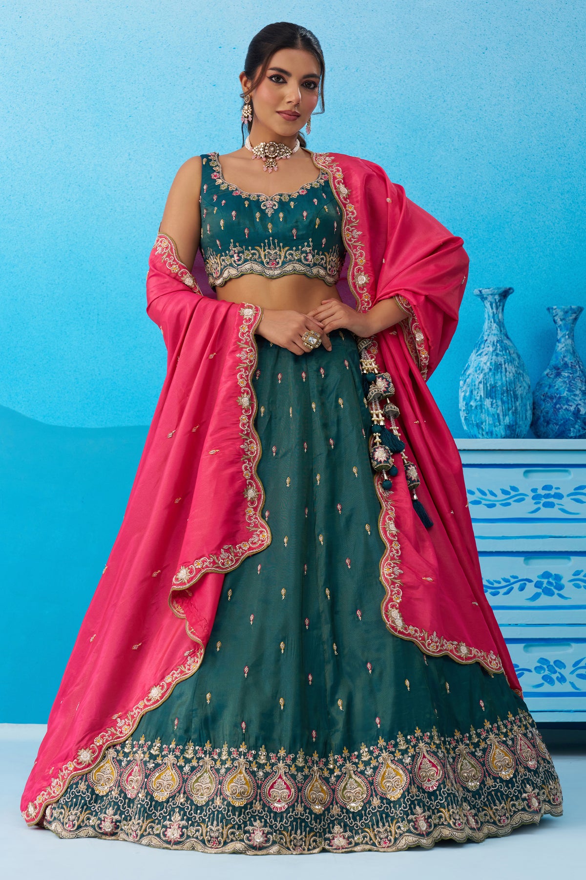 Rama Green Readymade Embroidered Silk Lehenga-SAR12904_1_SareeButa.com