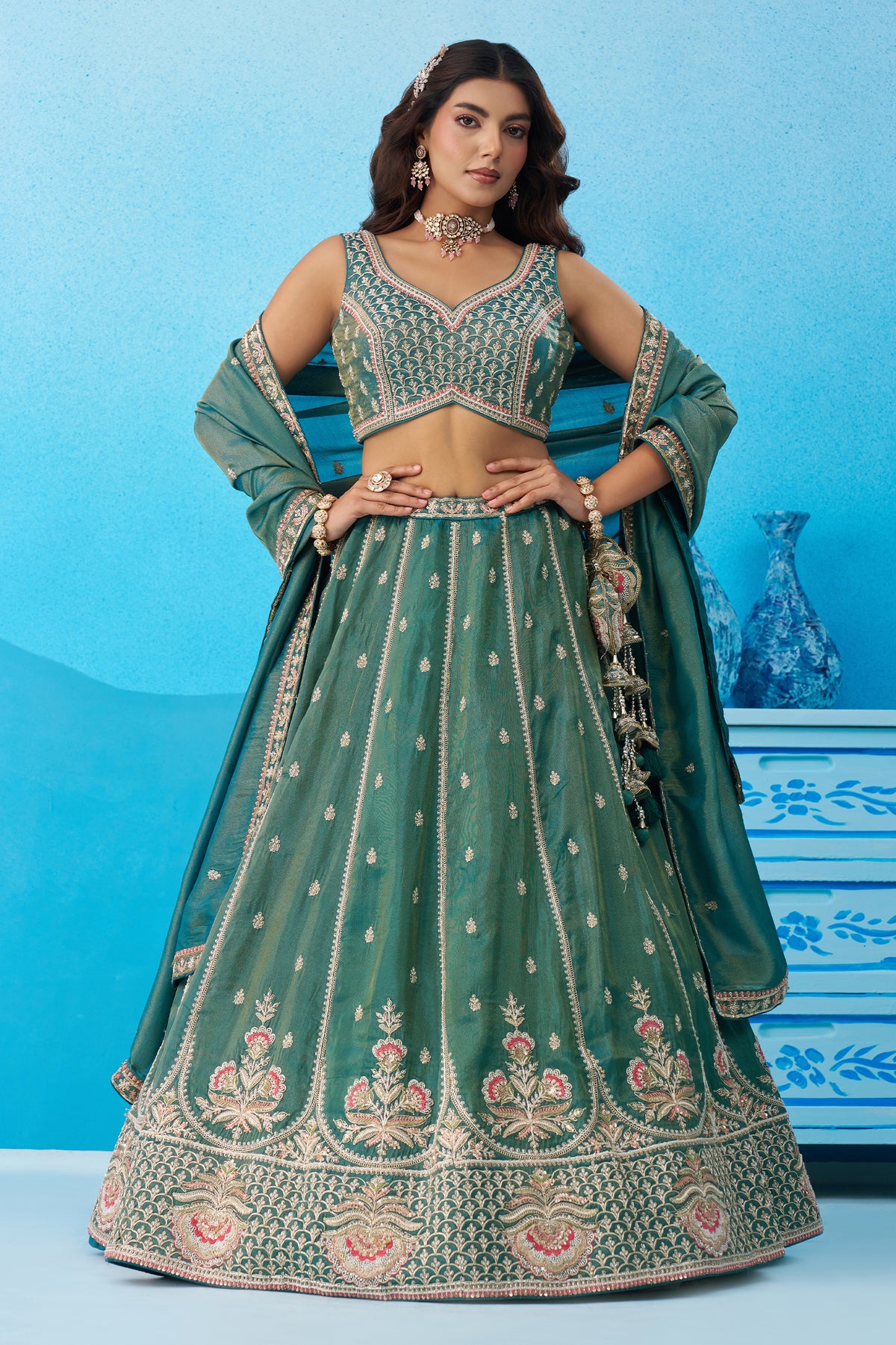 Rama Green Readymade Embroidered Tissue Lehenga-SAR12900_1_SareeButa.com