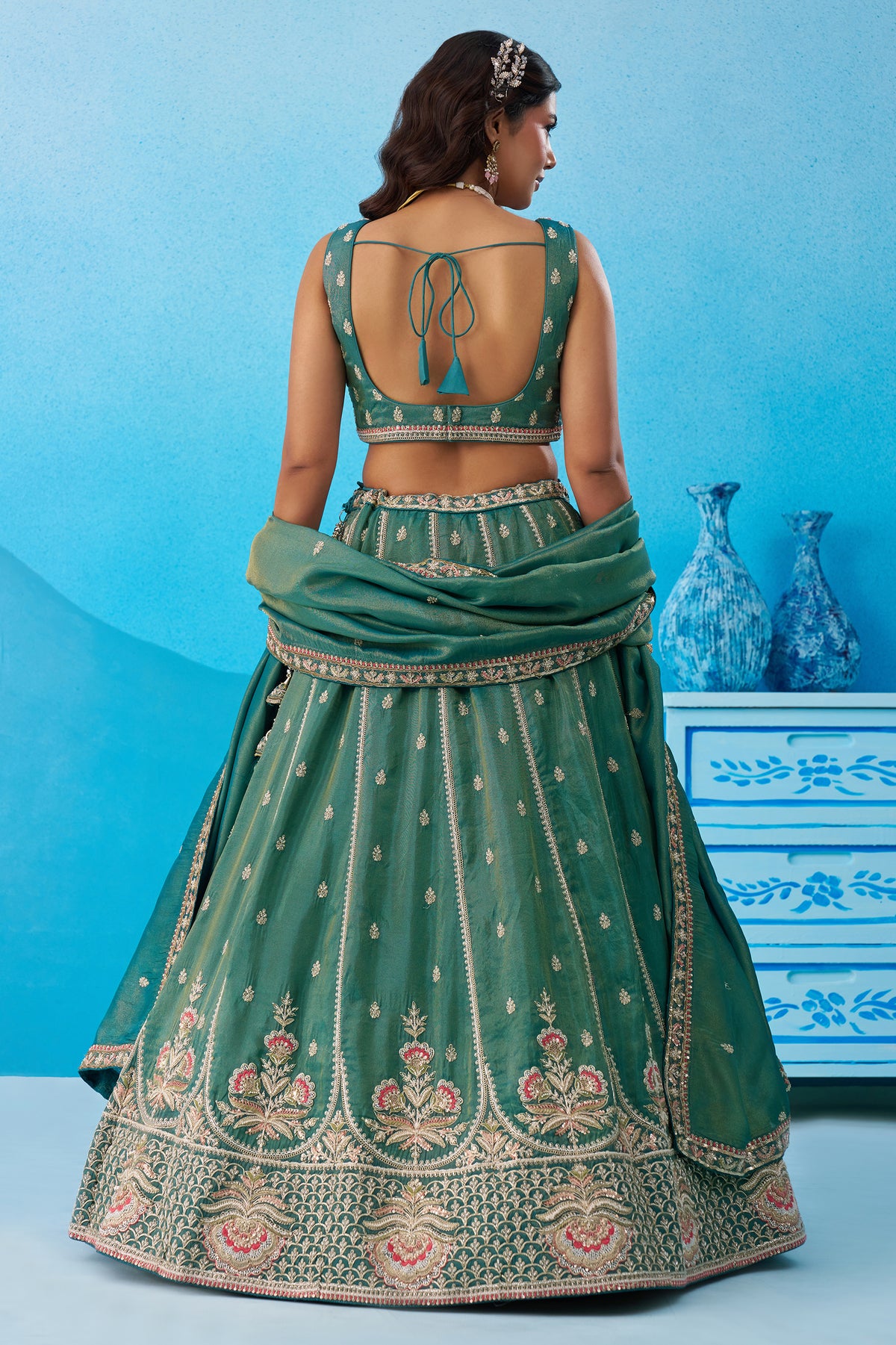 Rama Green Readymade Embroidered Tissue Lehenga-SAR12900_3_SareeButa.com