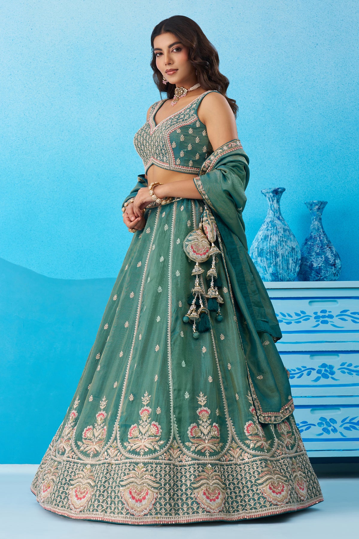 Rama Green Readymade Embroidered Tissue Lehenga-SAR12900_4_SareeButa.com