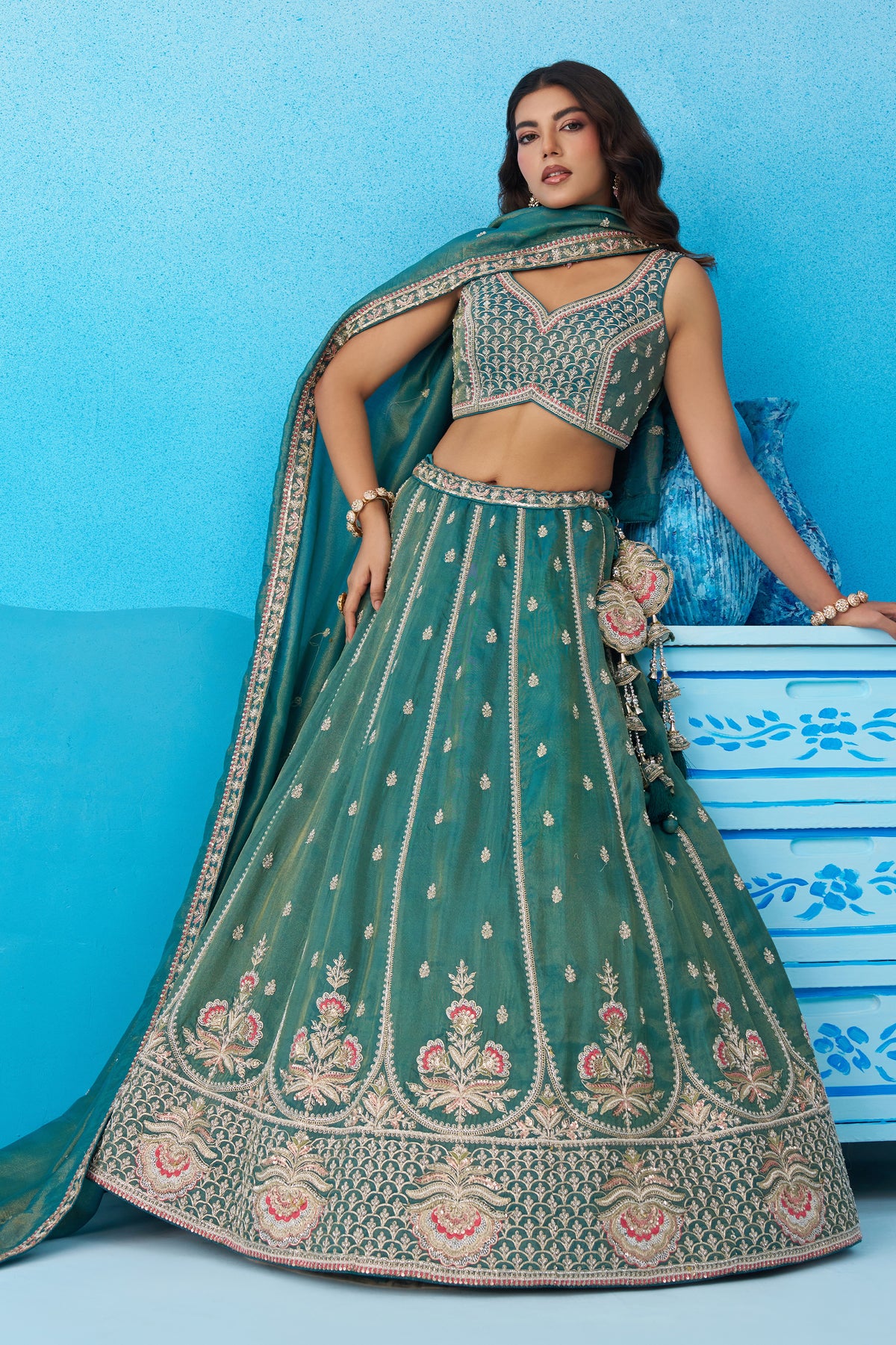 Rama Green Readymade Embroidered Tissue Lehenga-SAR12900_5_SareeButa.com