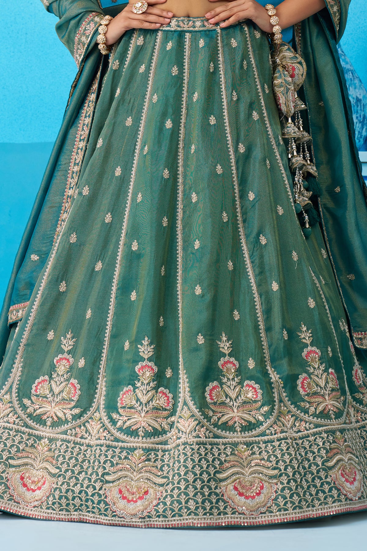 Rama Green Readymade Embroidered Tissue Lehenga-SAR12900_7_SareeButa.com