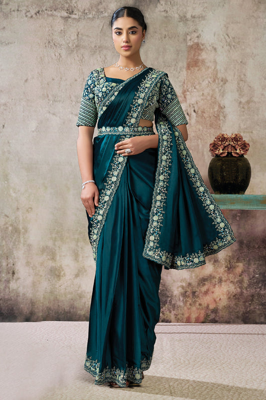 Rama Green Satin Silk Readymade Saree with Stitched Blouse-SAR12109_1_SareeButa.com