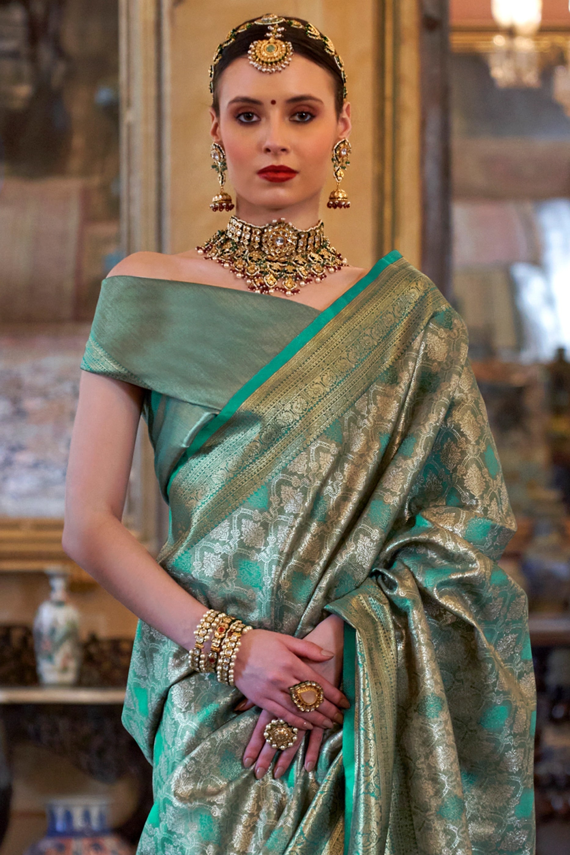 Rama Green Woven Tissue Silk Saree-SAR11318_3_SareeButa.com