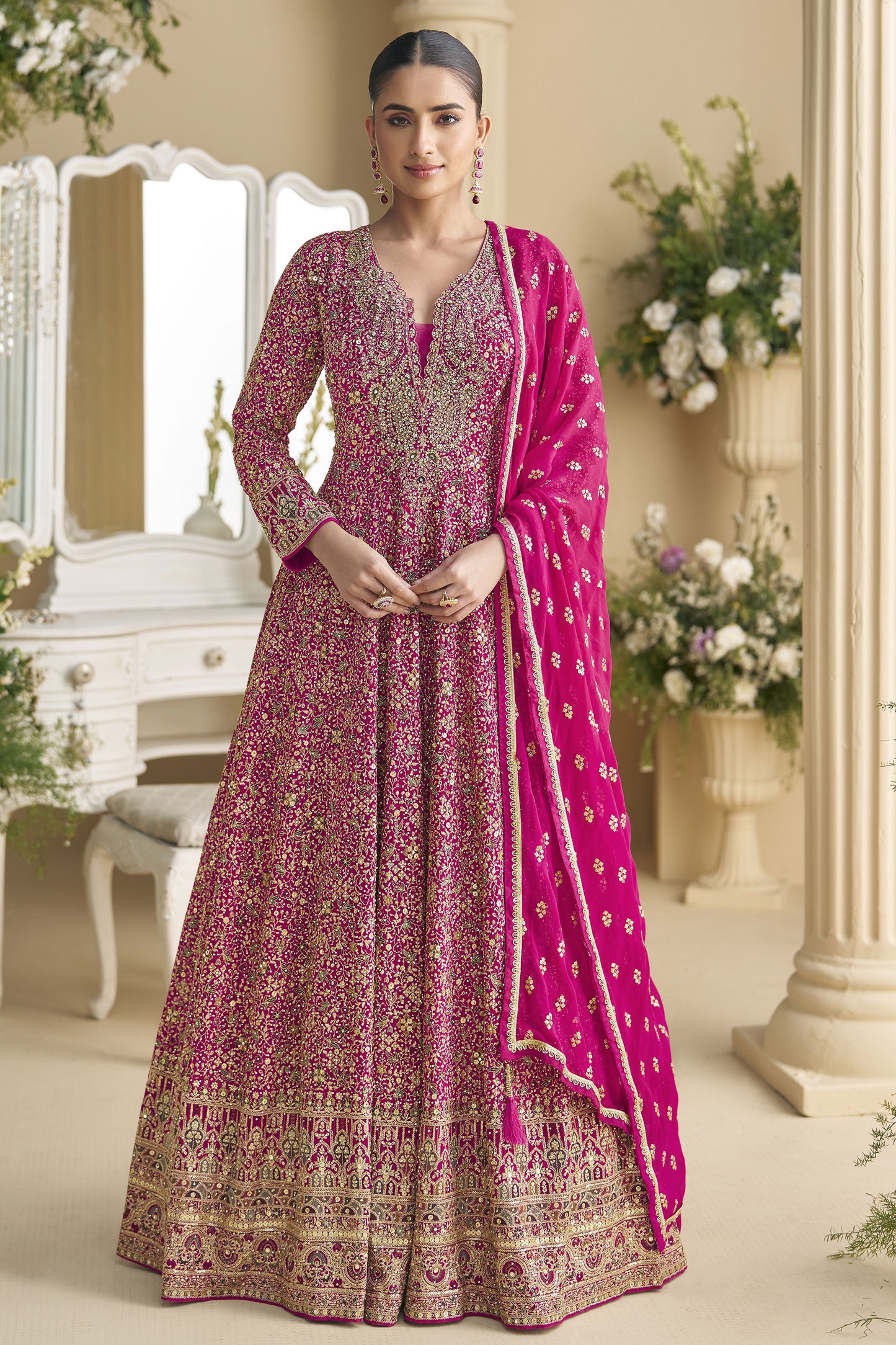 Rani Pink Readymade Embroidered Georgette Gown With Dupatta-SS838_1_SareeButa.com