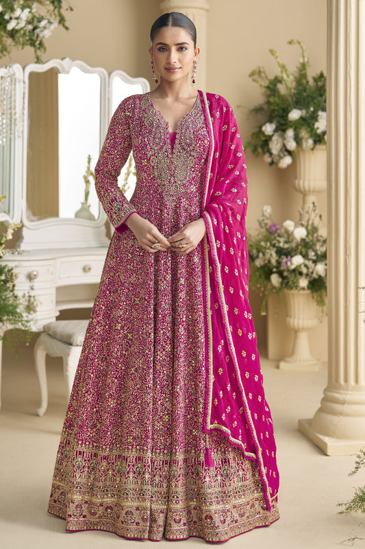 Rani Pink Readymade Embroidered Georgette Gown With Dupatta-SS838_1_SareeButa.com