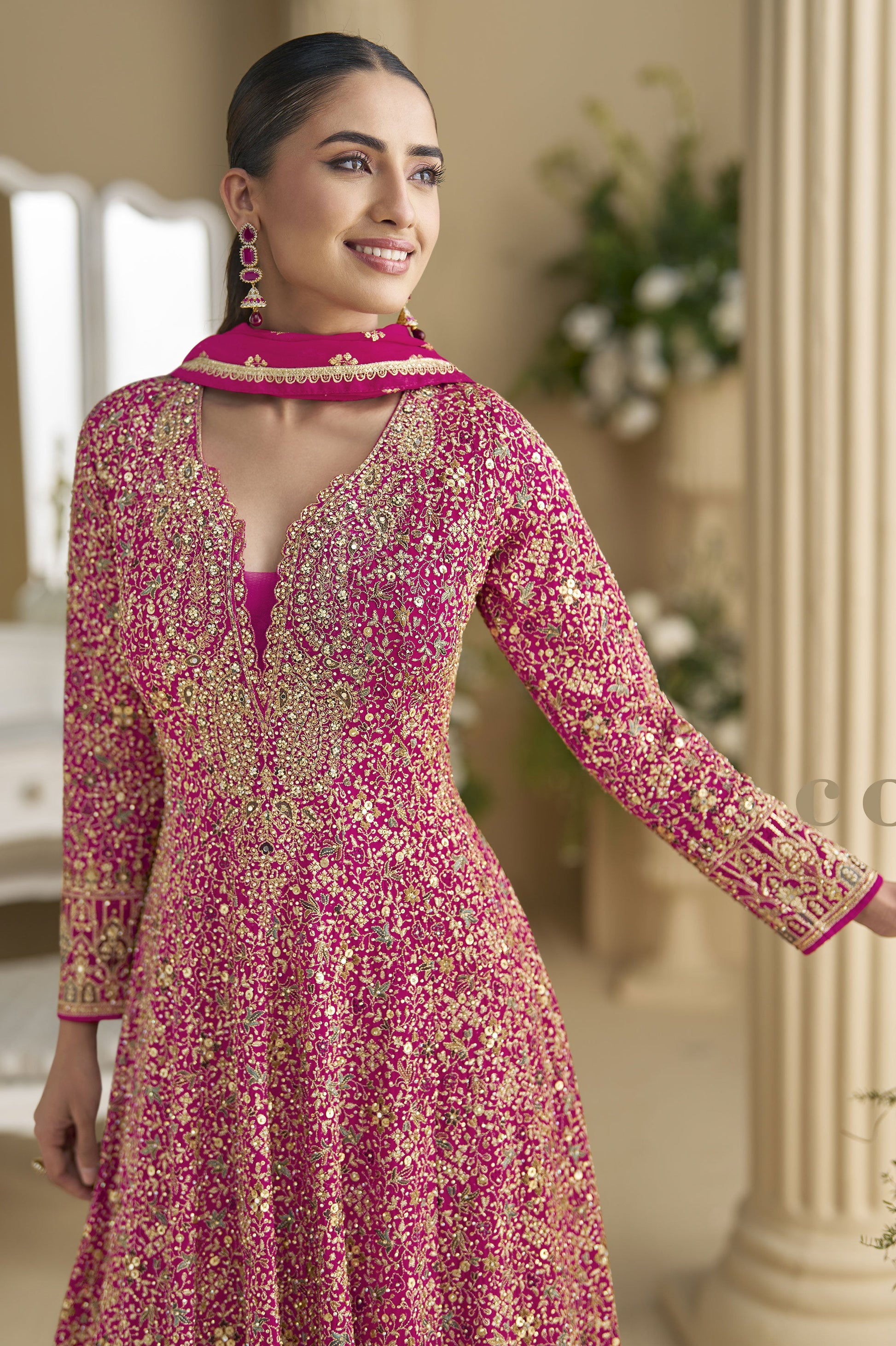 Rani Pink Readymade Embroidered Georgette Gown With Dupatta-SS838_3_SareeButa.com