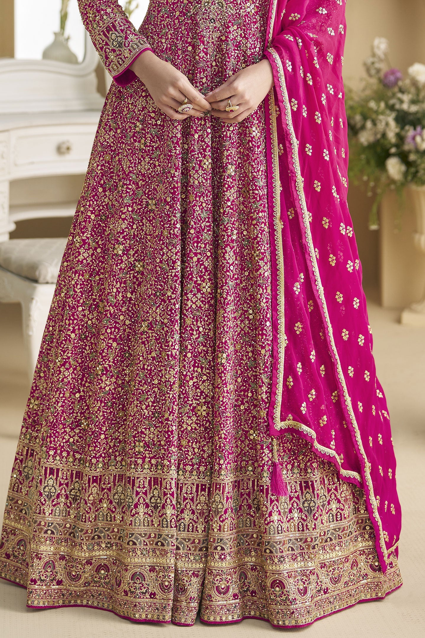Rani Pink Readymade Embroidered Georgette Gown With Dupatta-SS838_4_SareeButa.com