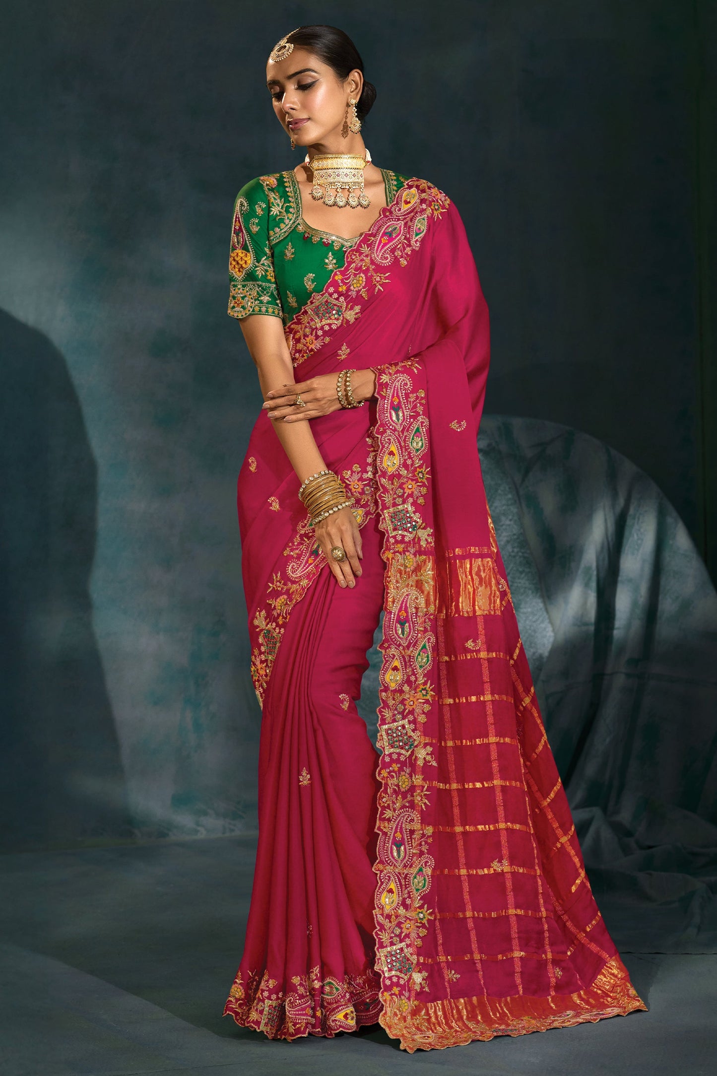 Rani Pink Embroidered Gajji Silk Saree-SAR10393_1_SareeButa.com