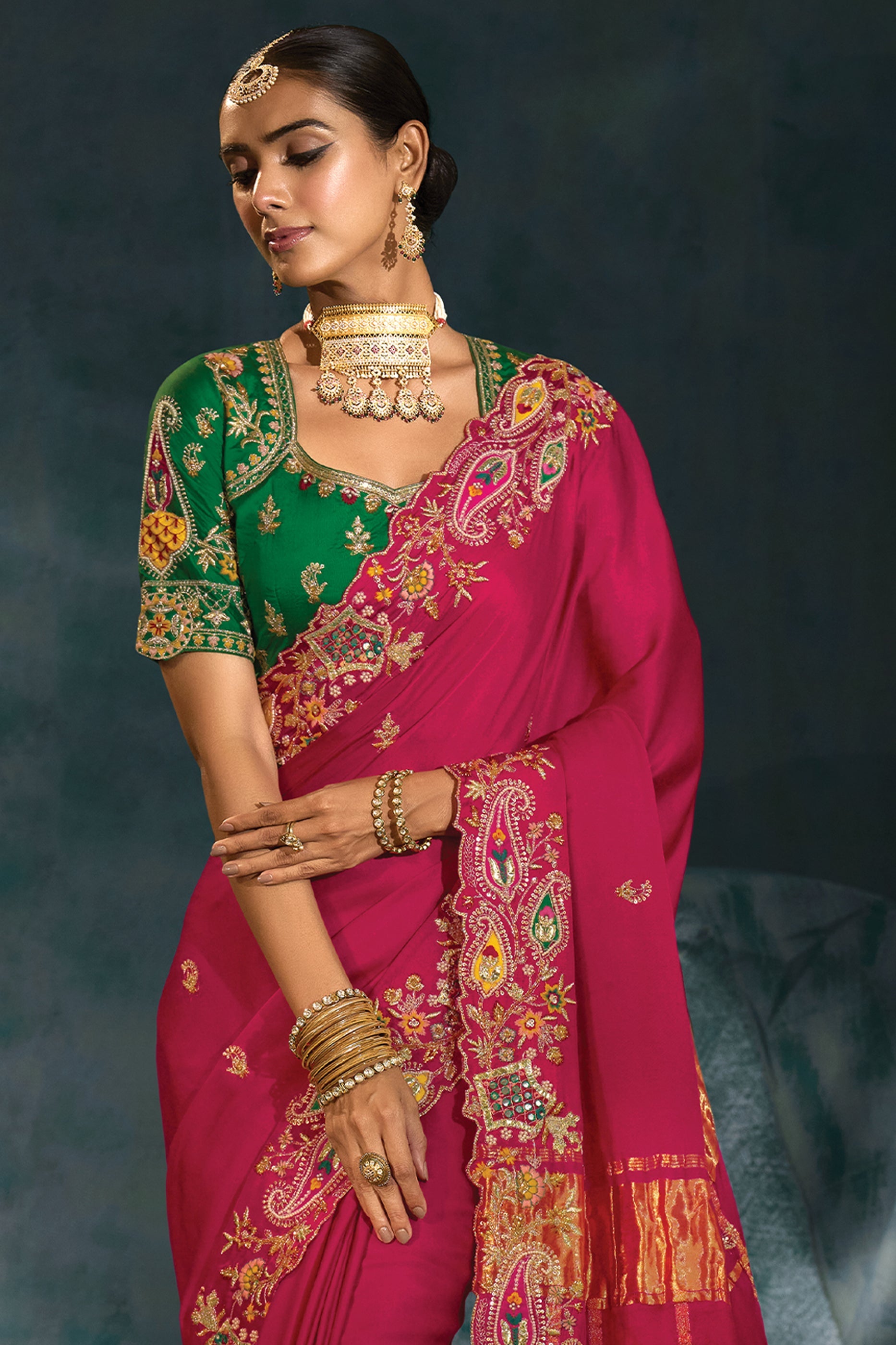 Rani Pink Embroidered Gajji Silk Saree-SAR10393_5_SareeButa.com