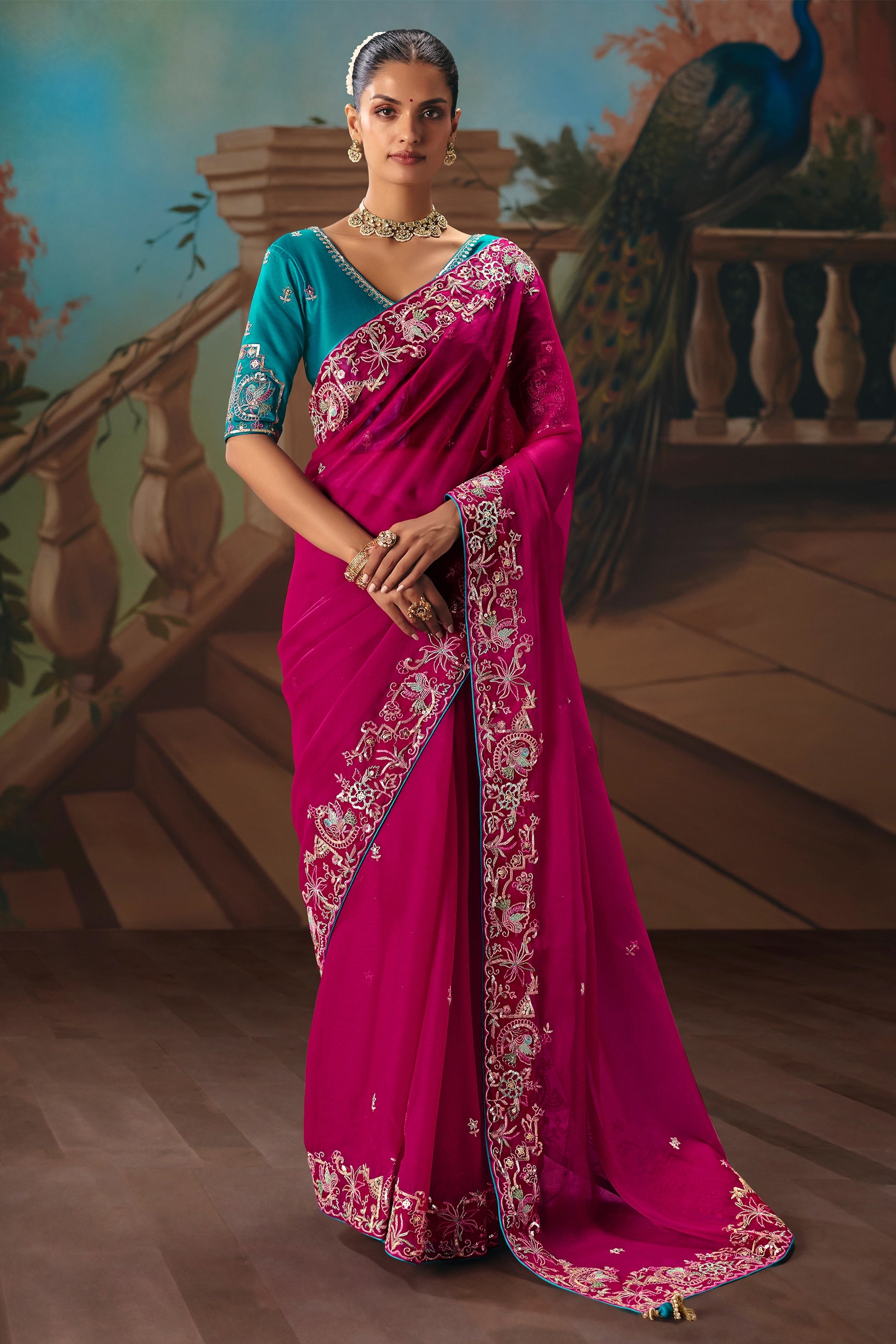 Rani Pink Embroidered Organza Saree-SAR12032_1_SareeButa.com