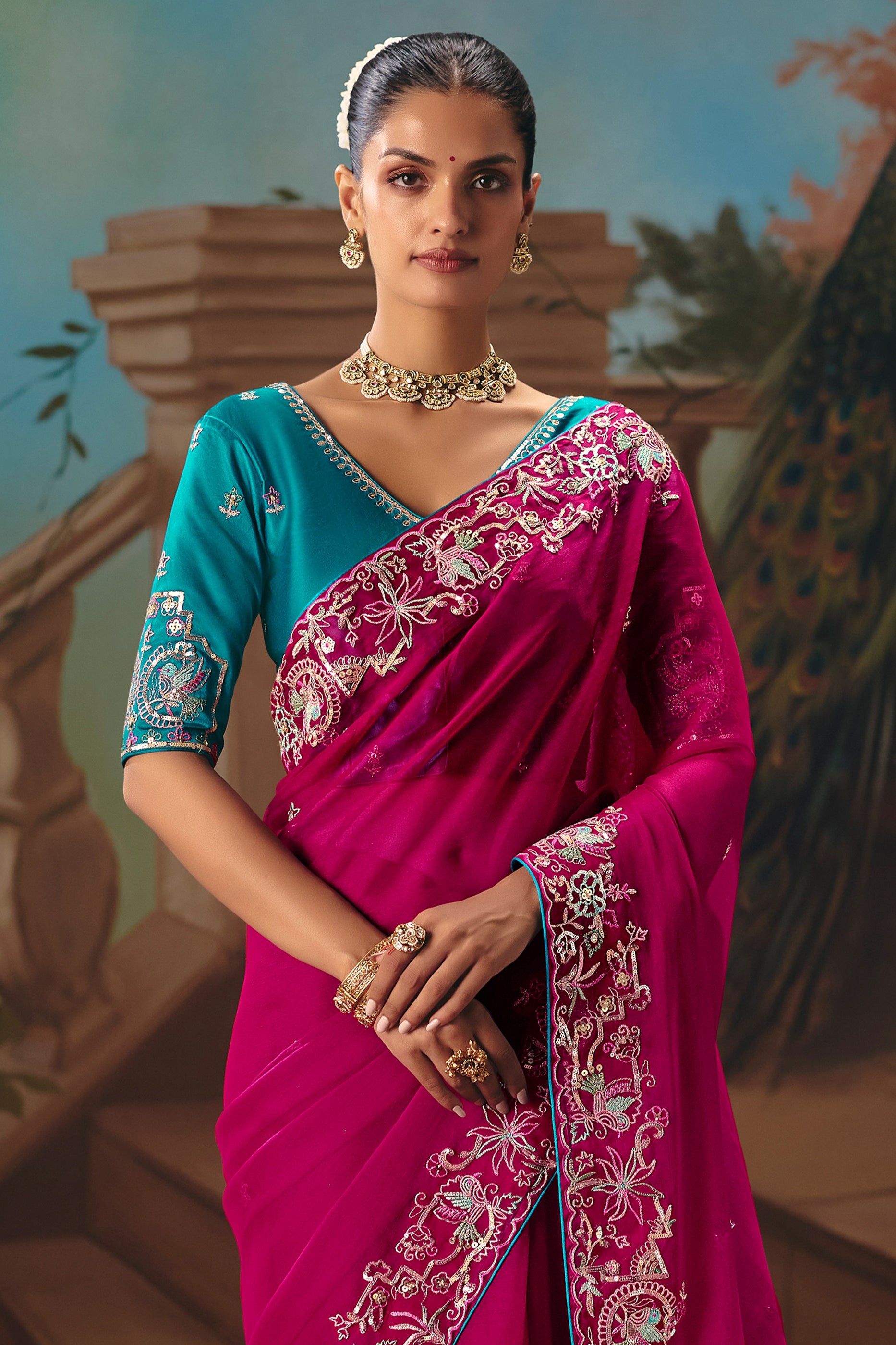 Rani Pink Embroidered Organza Saree-SAR12032_4_SareeButa.com