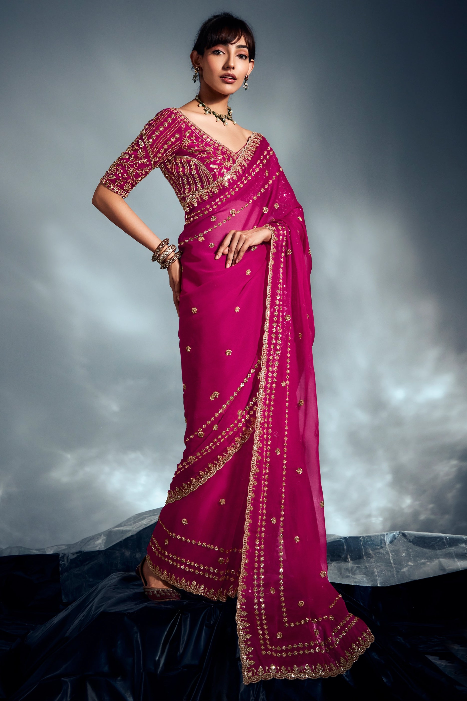 Shop for Rani Pink Embroidered Organza Silk Saree Online | Saree Buta ...