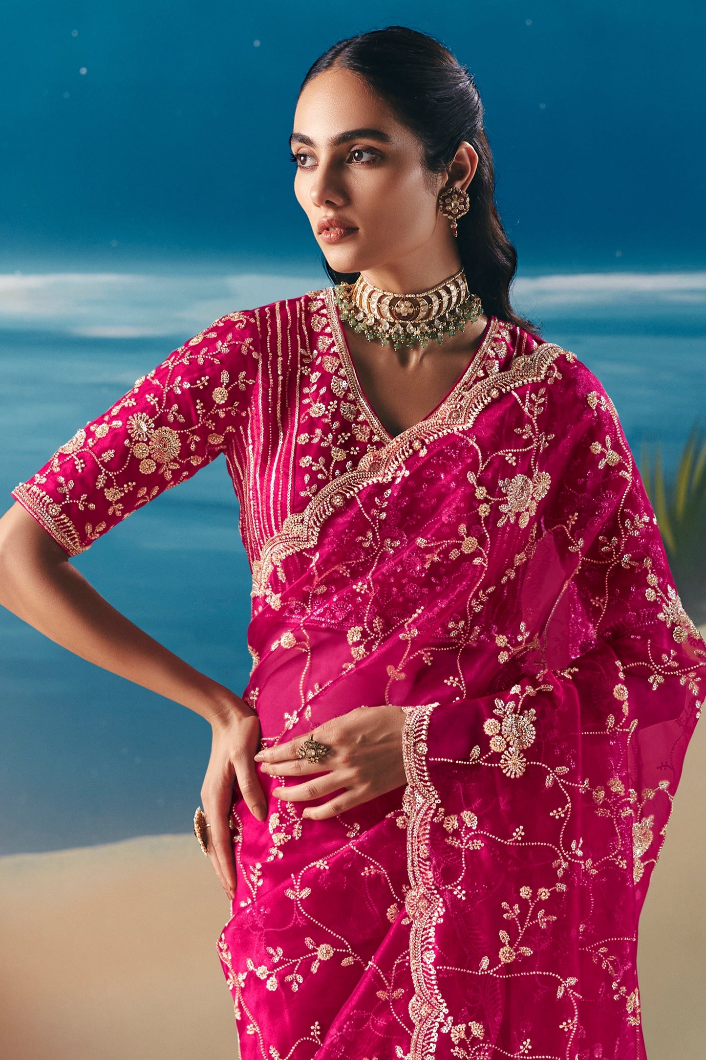 Rani Pink Embroidered Satin Organza Saree-SAR11040_3_SareeButa.com